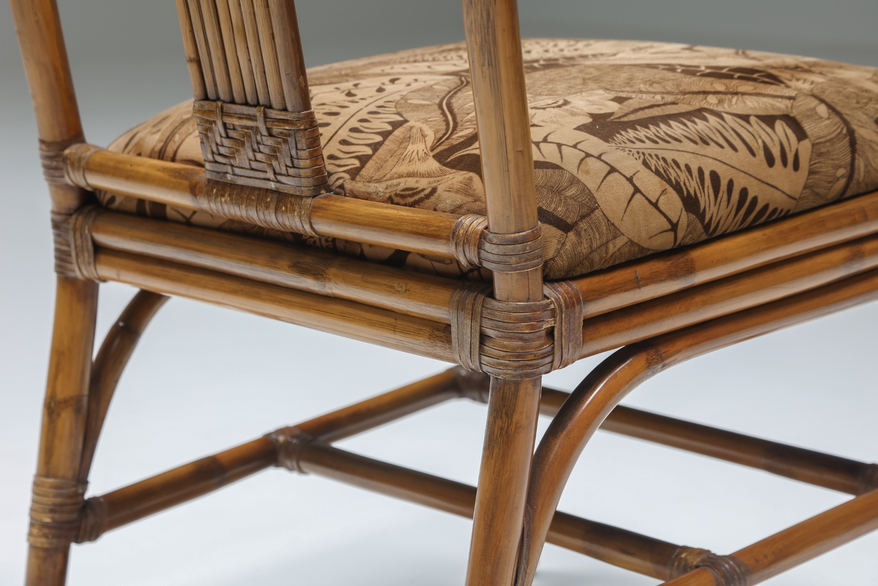 Italian Bamboo Dining Chairs Set With Floral Seating - 1970's