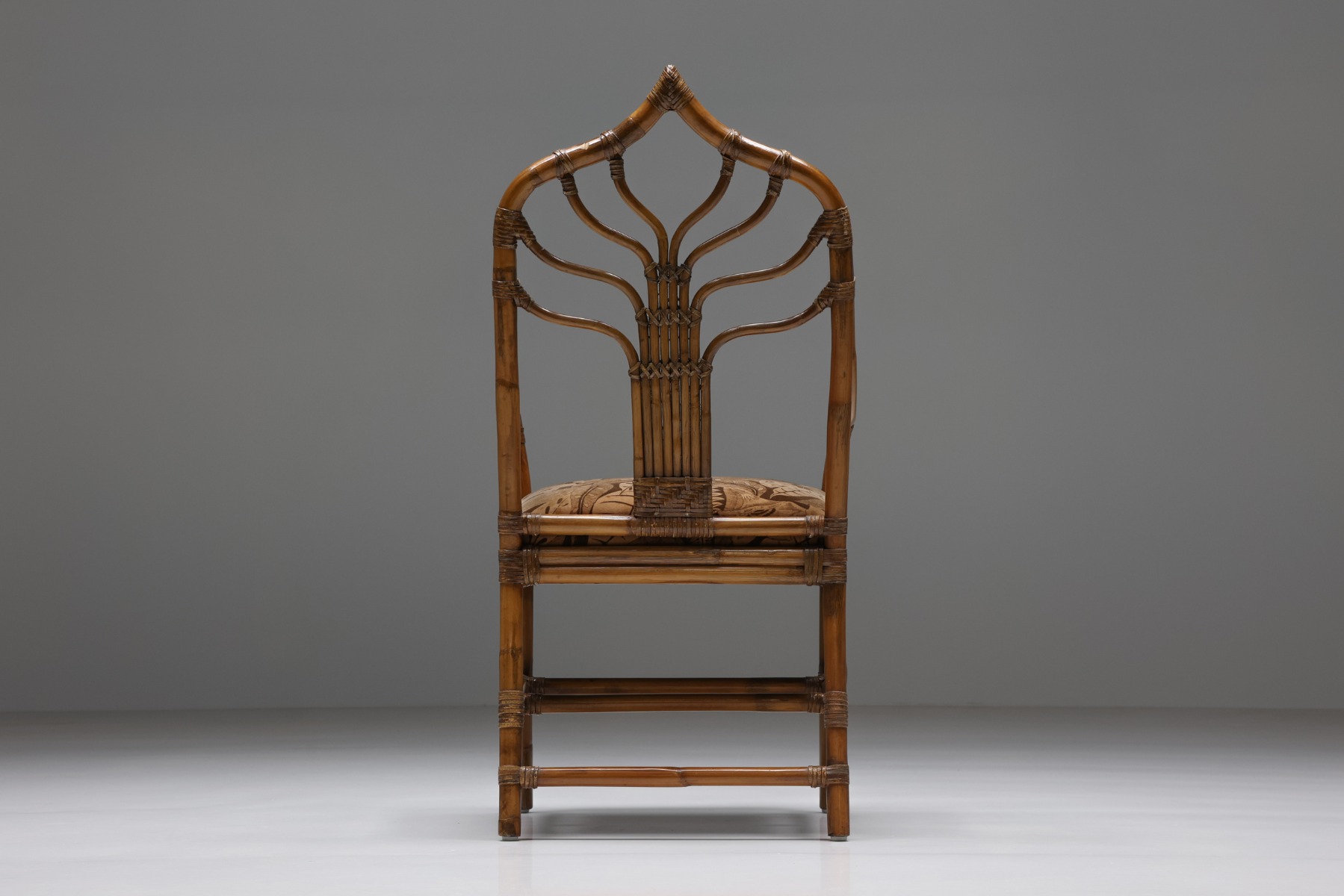 Italian Bamboo Dining Chairs Set With Floral Seating - 1970's