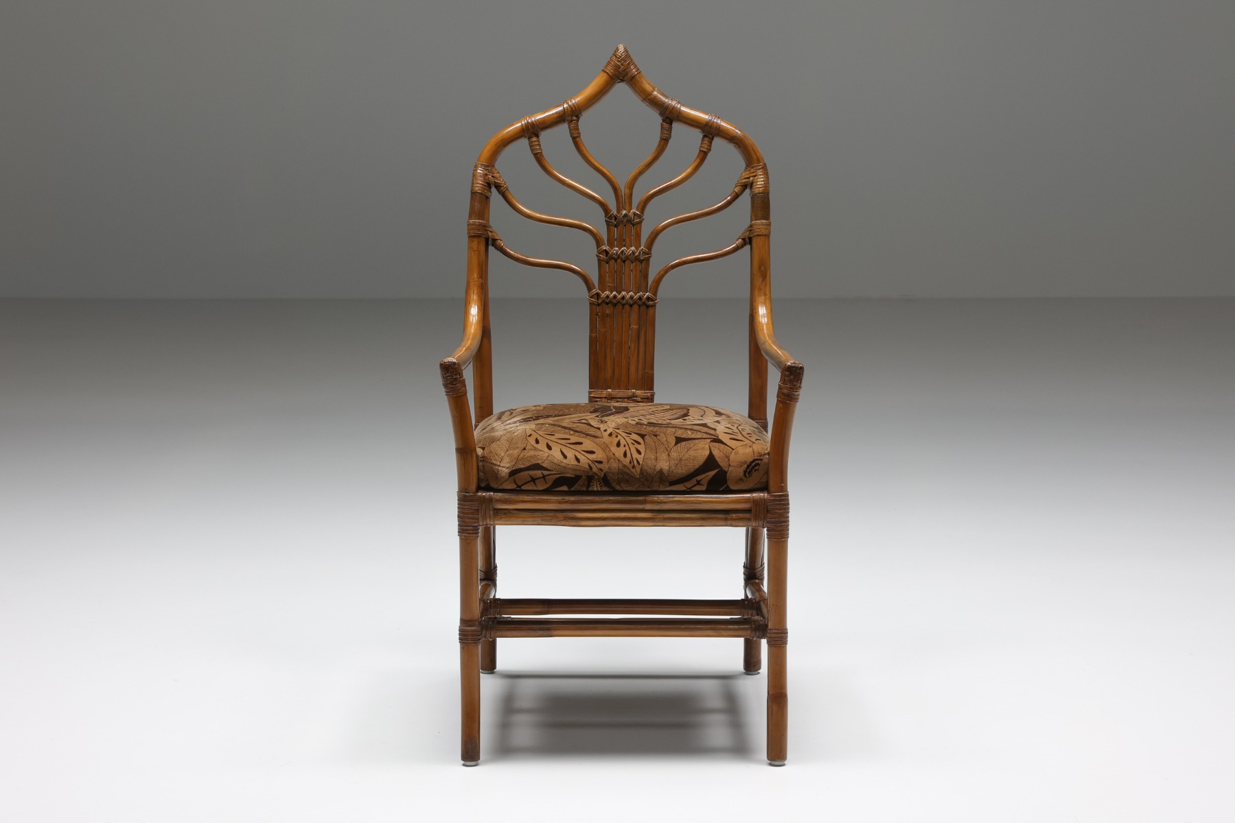 Italian Bamboo Dining Chairs Set With Floral Seating - 1970's
