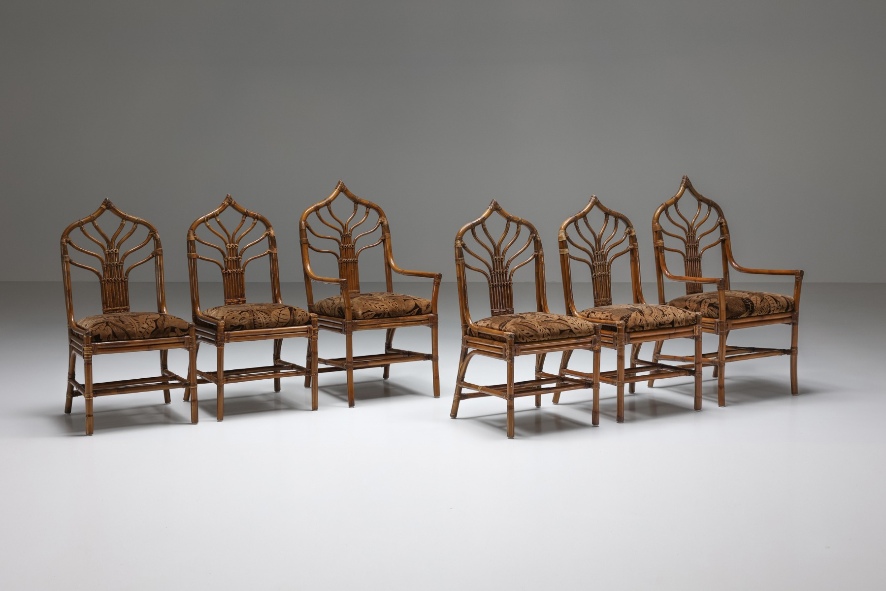 Italian Bamboo Dining Chairs Set With Floral Seating - 1970's