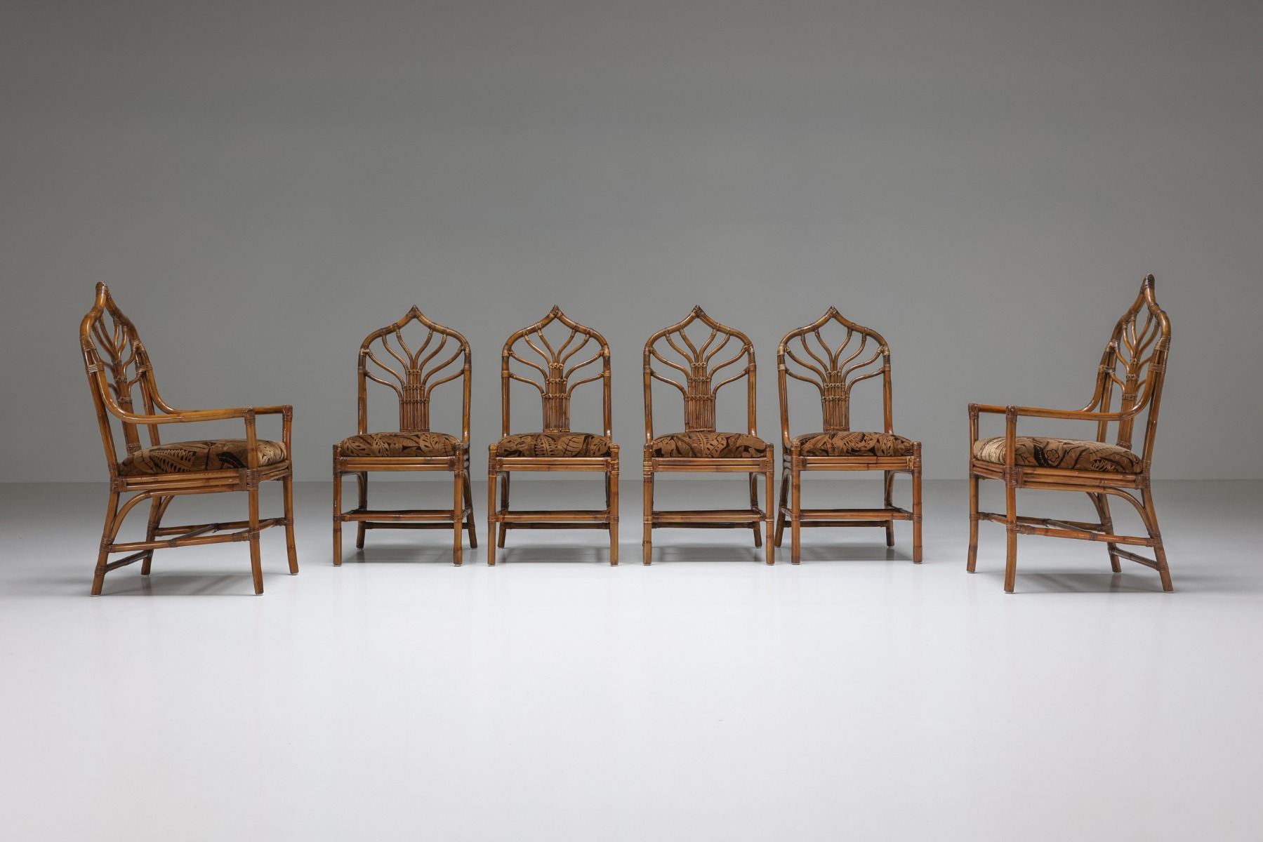 Italian Bamboo Dining Chairs Set With Floral Seating - 1970's