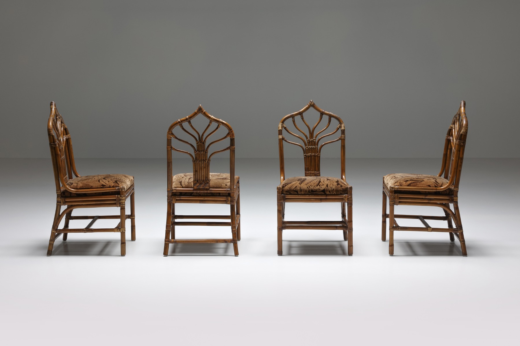 Italian Bamboo Dining Chairs Set With Floral Seating - 1970's