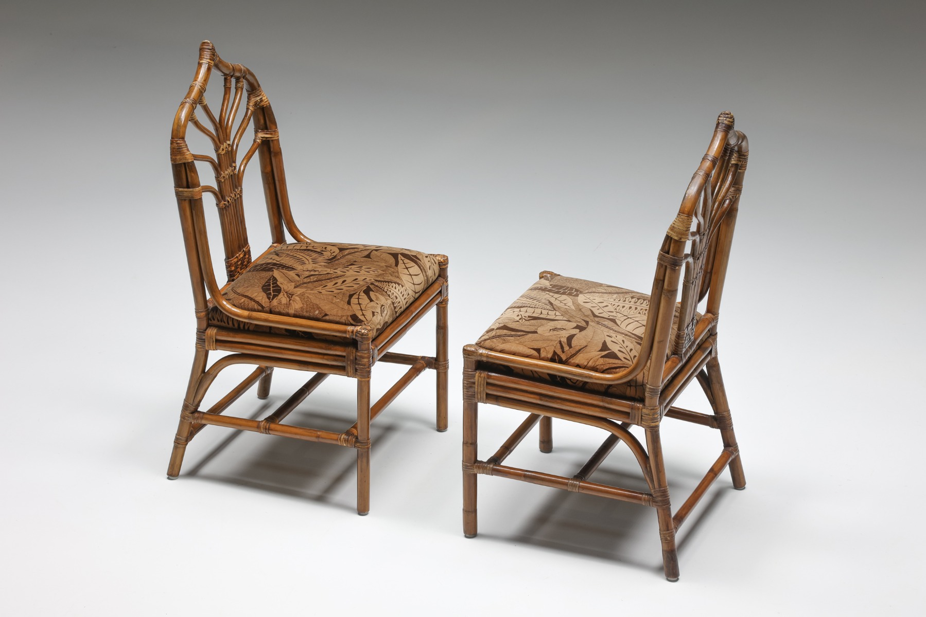Italian Bamboo Dining Chairs Set With Floral Seating - 1970's