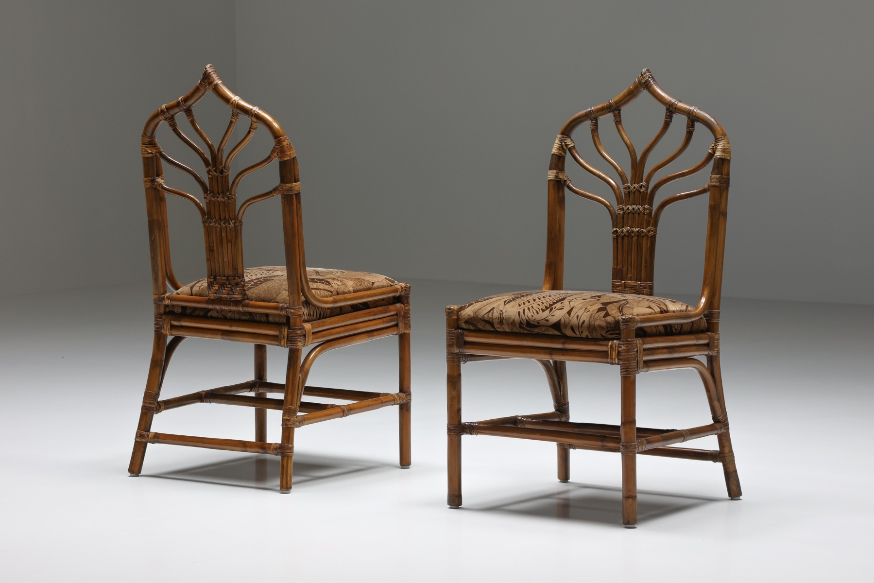 Italian Bamboo Dining Chairs Set With Floral Seating - 1970's