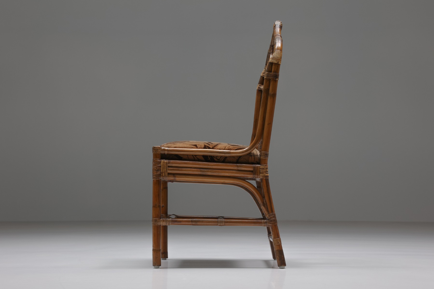 Italian Bamboo Dining Chairs Set With Floral Seating - 1970's