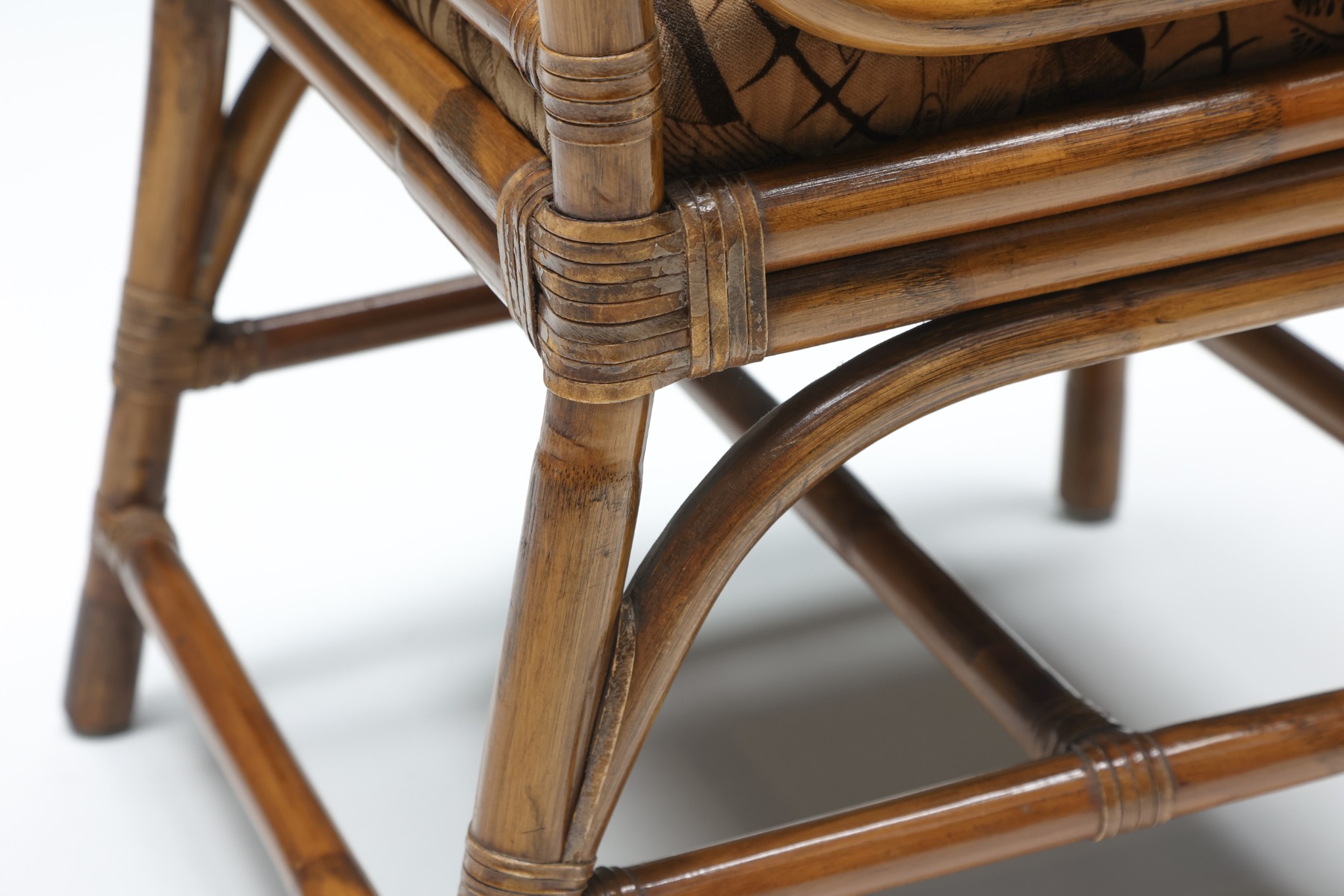 Italian Bamboo Dining Chairs Set With Floral Seating - 1970's