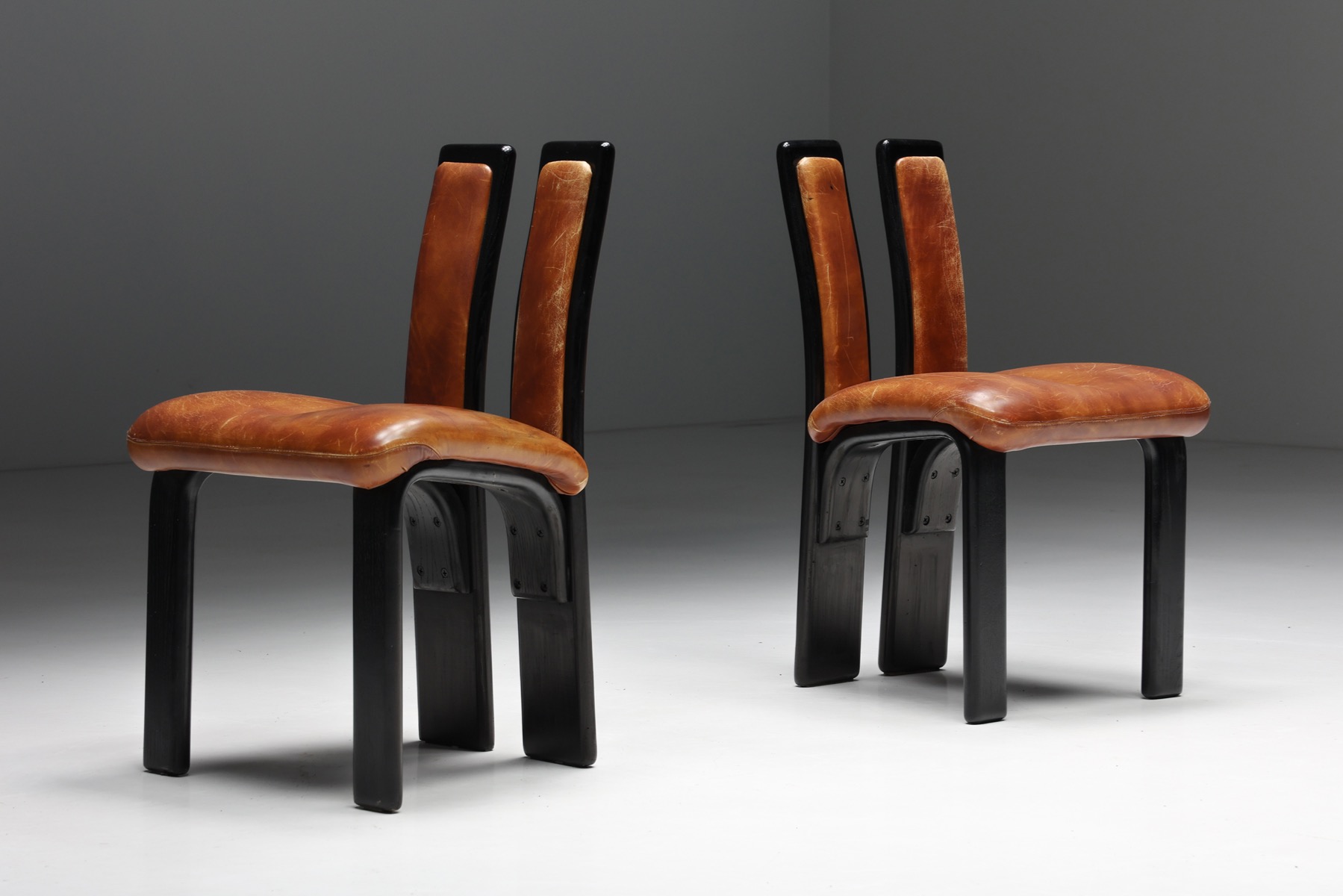 Italian Cognac Leather Dining Chairs - 1980's