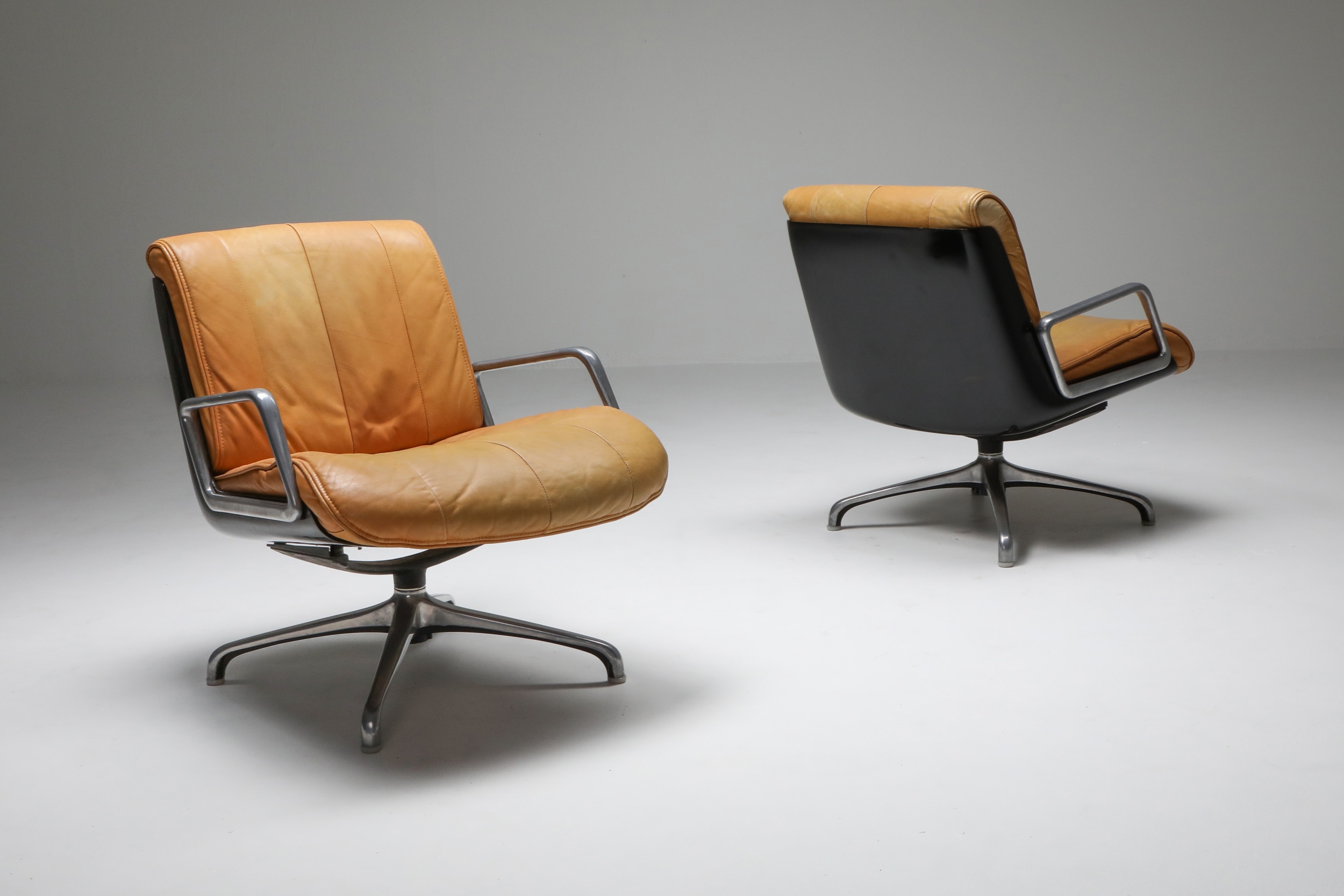 Saporiti Cognac Leather Lounge Chairs - 1970s