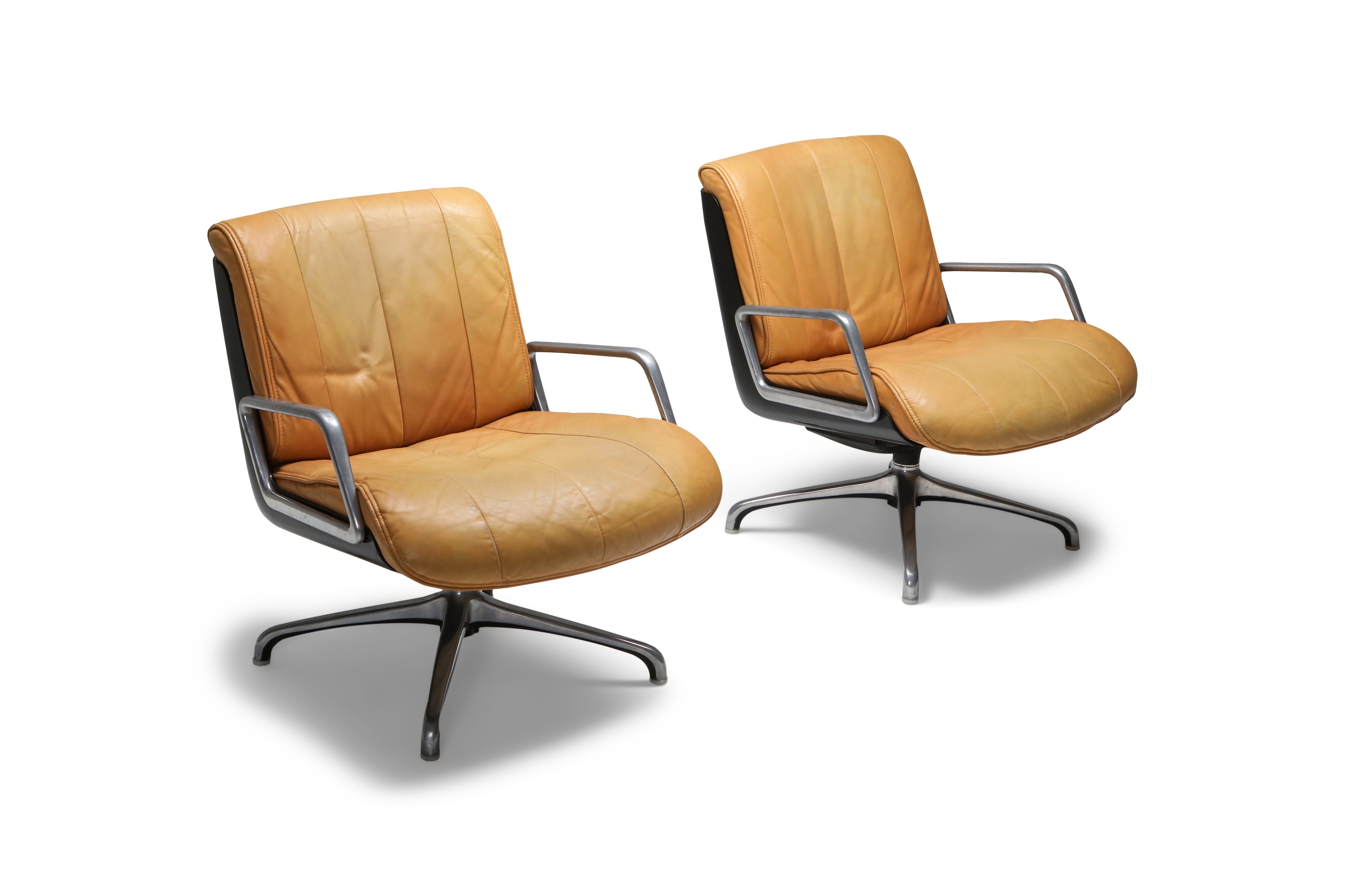 Saporiti Cognac Leather Lounge Chairs - 1970s