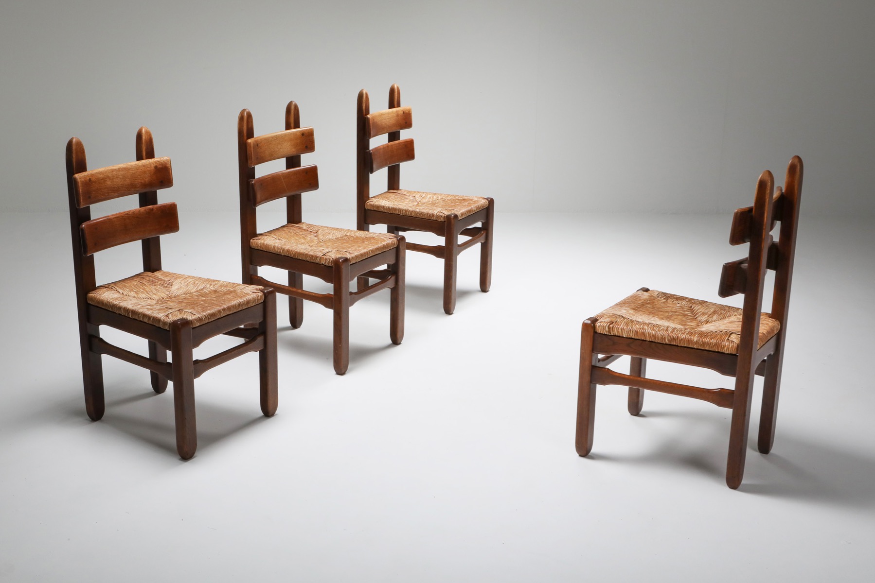 Rustic Modern Oak and Cord Dining Chairs - 1930's