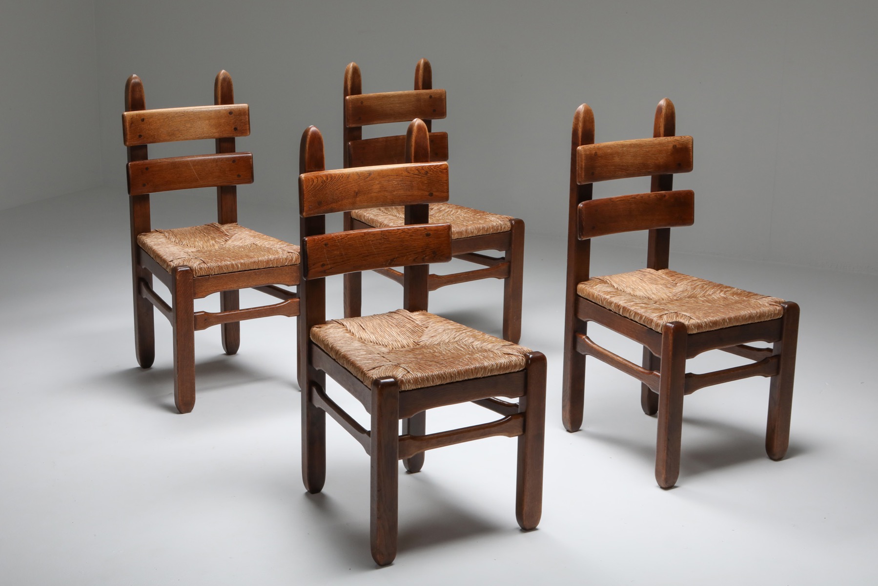 Rustic Modern Oak and Cord Dining Chairs - 1930's