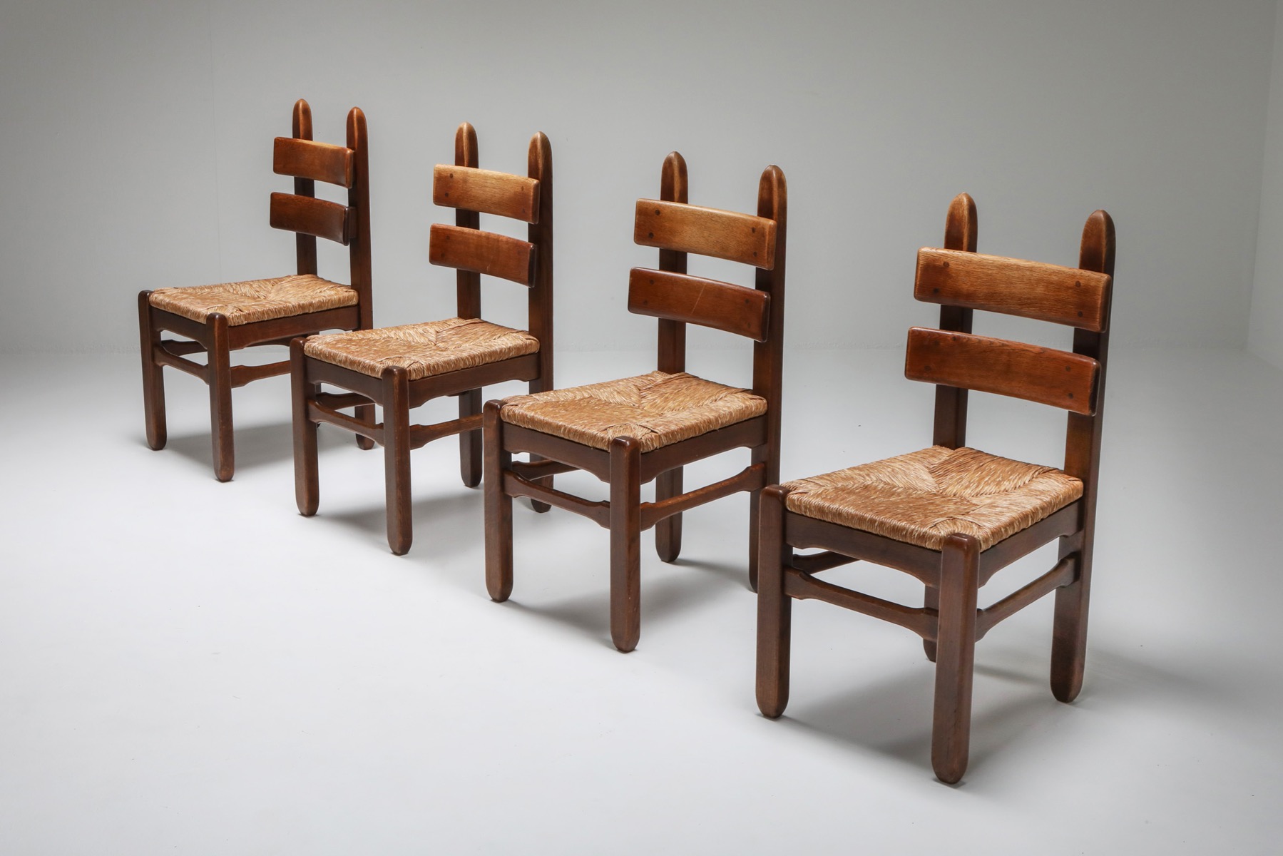 Rustic Modern Oak and Cord Dining Chairs - 1930's