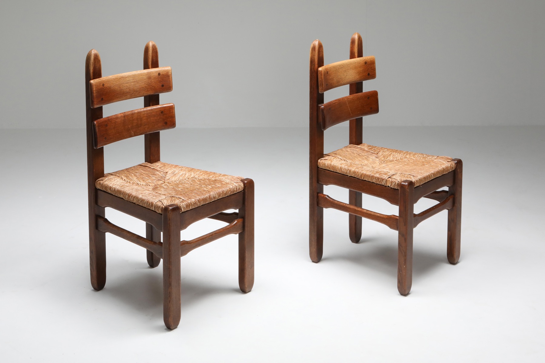 Rustic Modern Oak and Cord Dining Chairs - 1930's