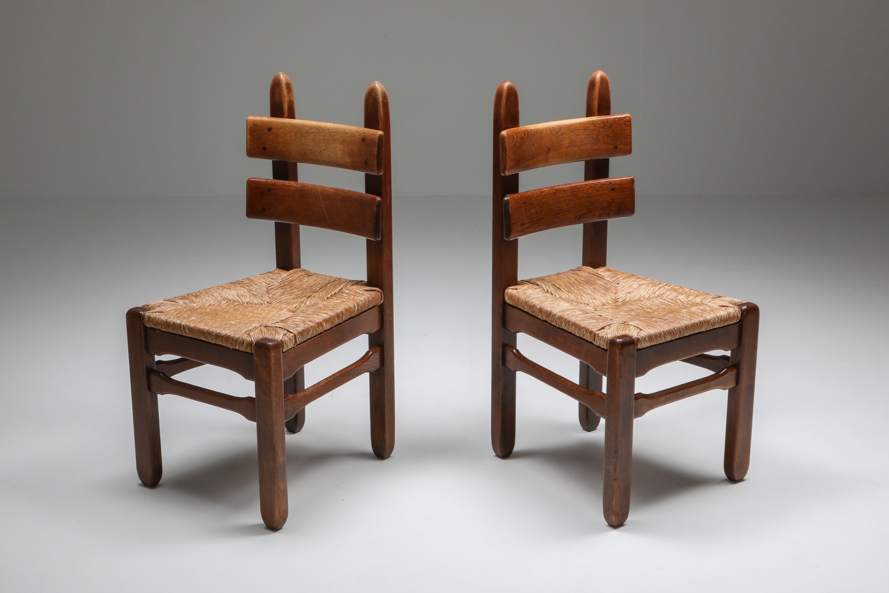 Rustic Modern Oak and Cord Dining Chairs - 1930's