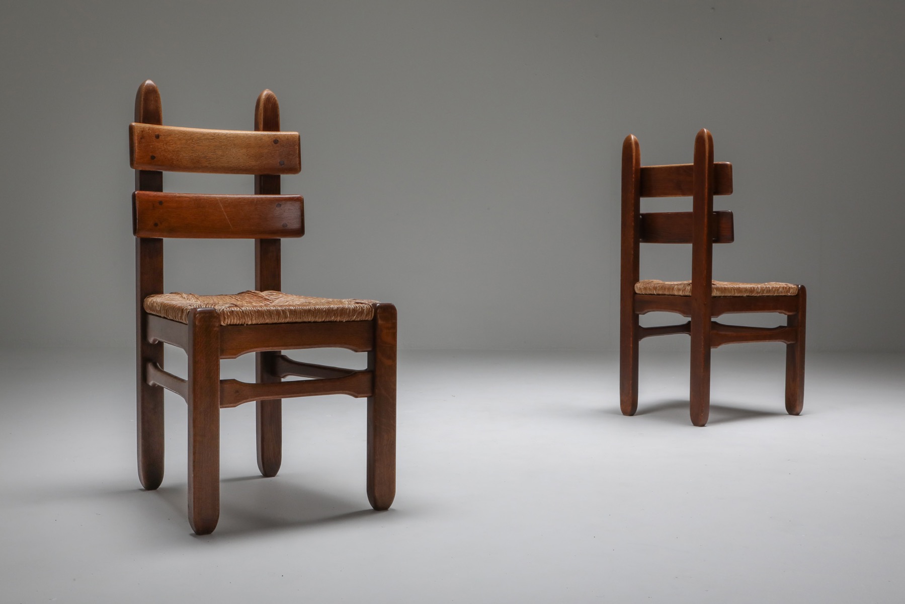 Rustic Modern Oak and Cord Dining Chairs - 1930's
