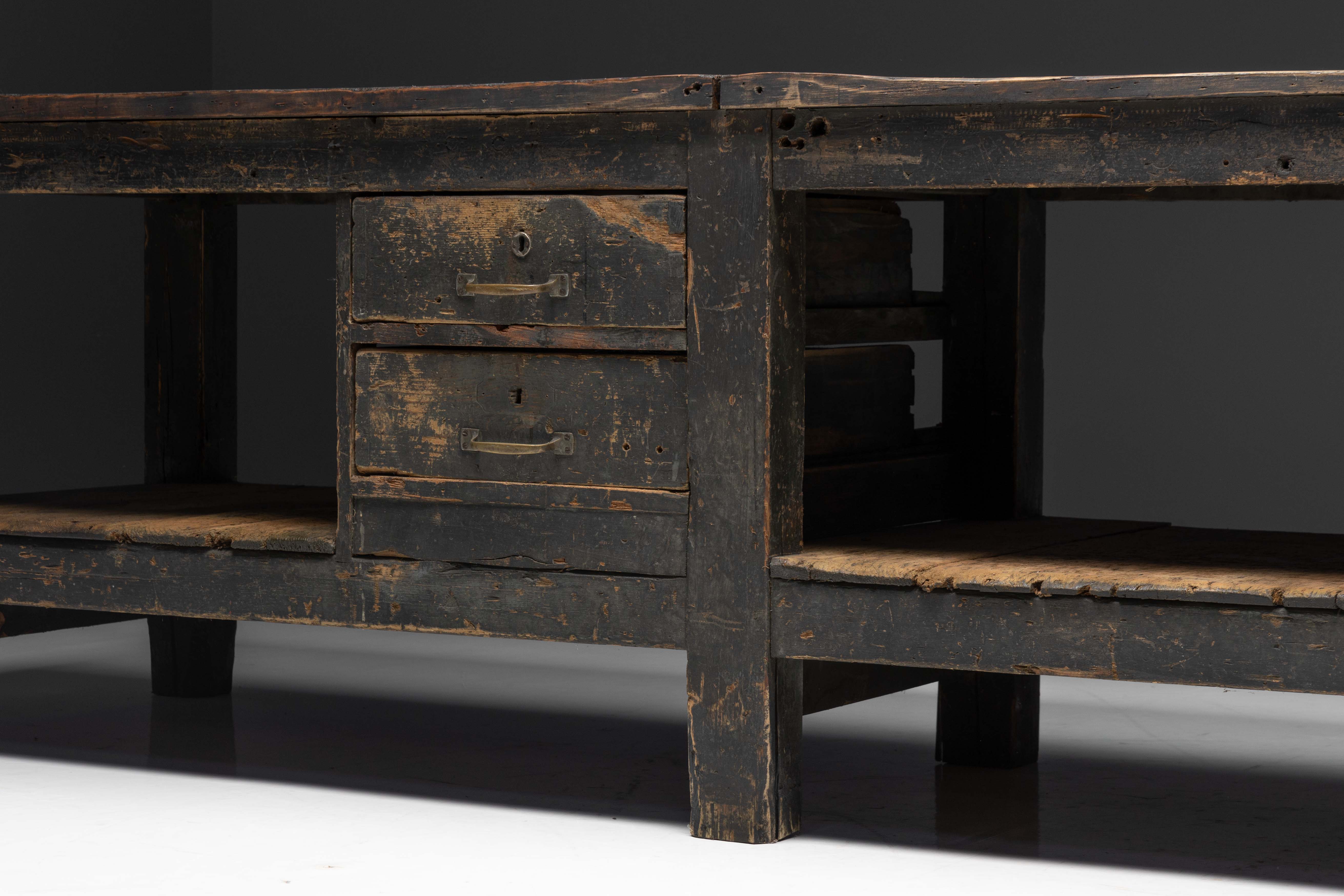 Large Vernacular Worktable, France - Early 20th Century