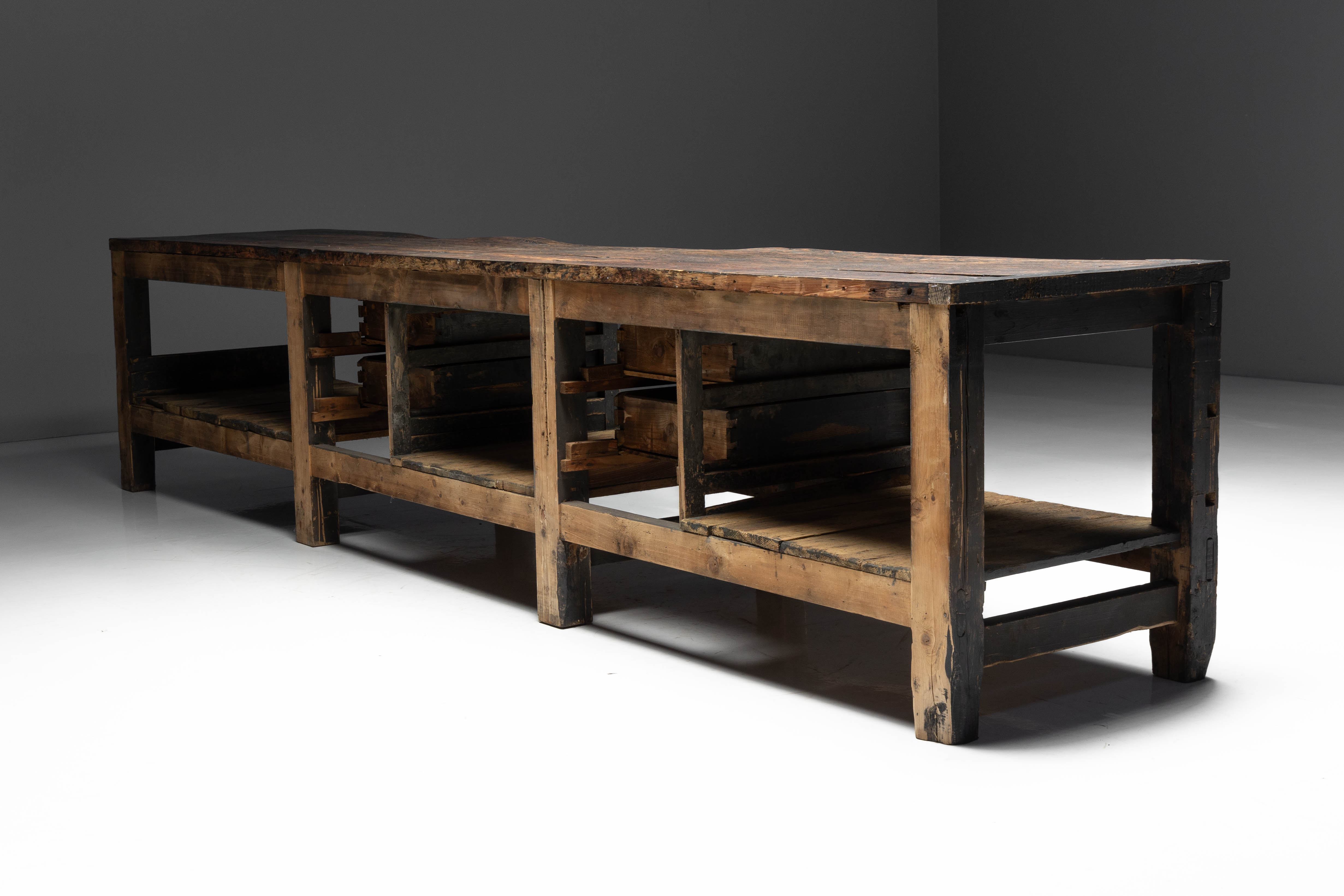Large Vernacular Worktable, France - Early 20th Century
