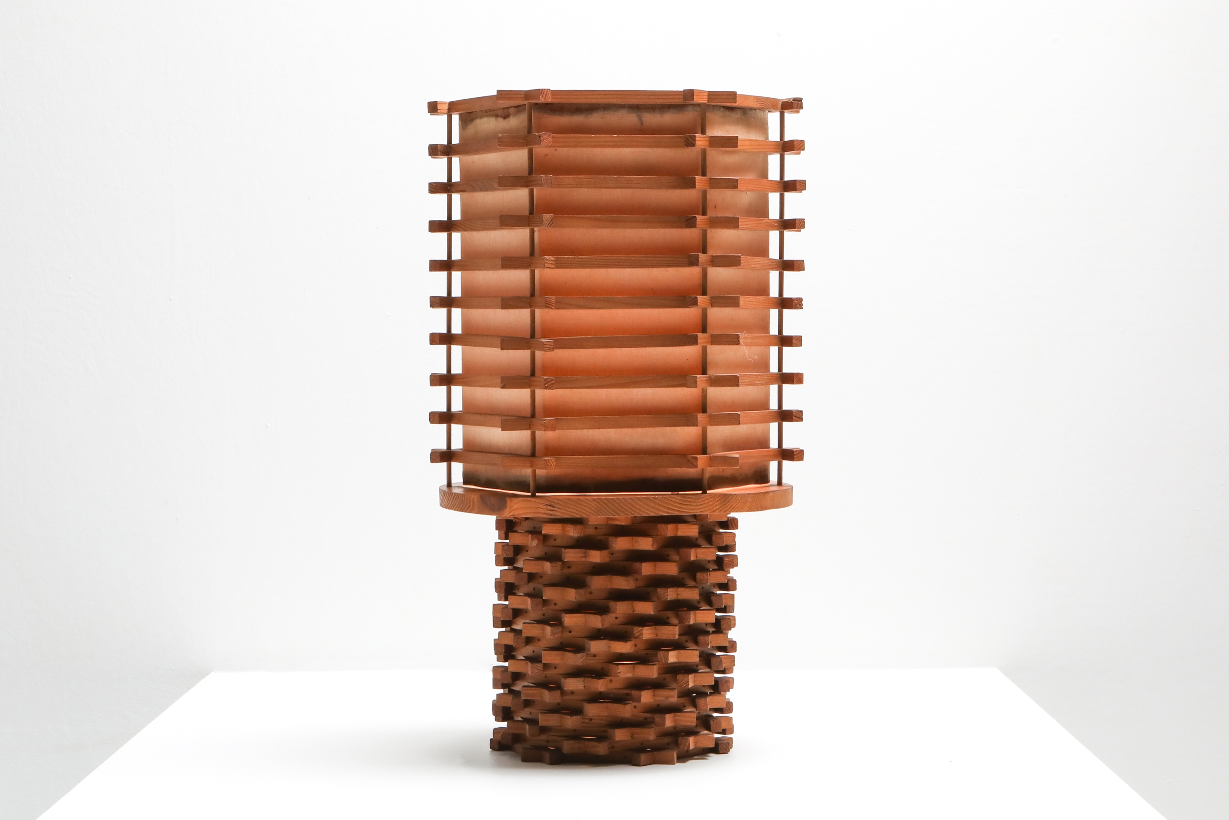 Oriental Table Lamp in Wood and Linen, Asia - 1950s