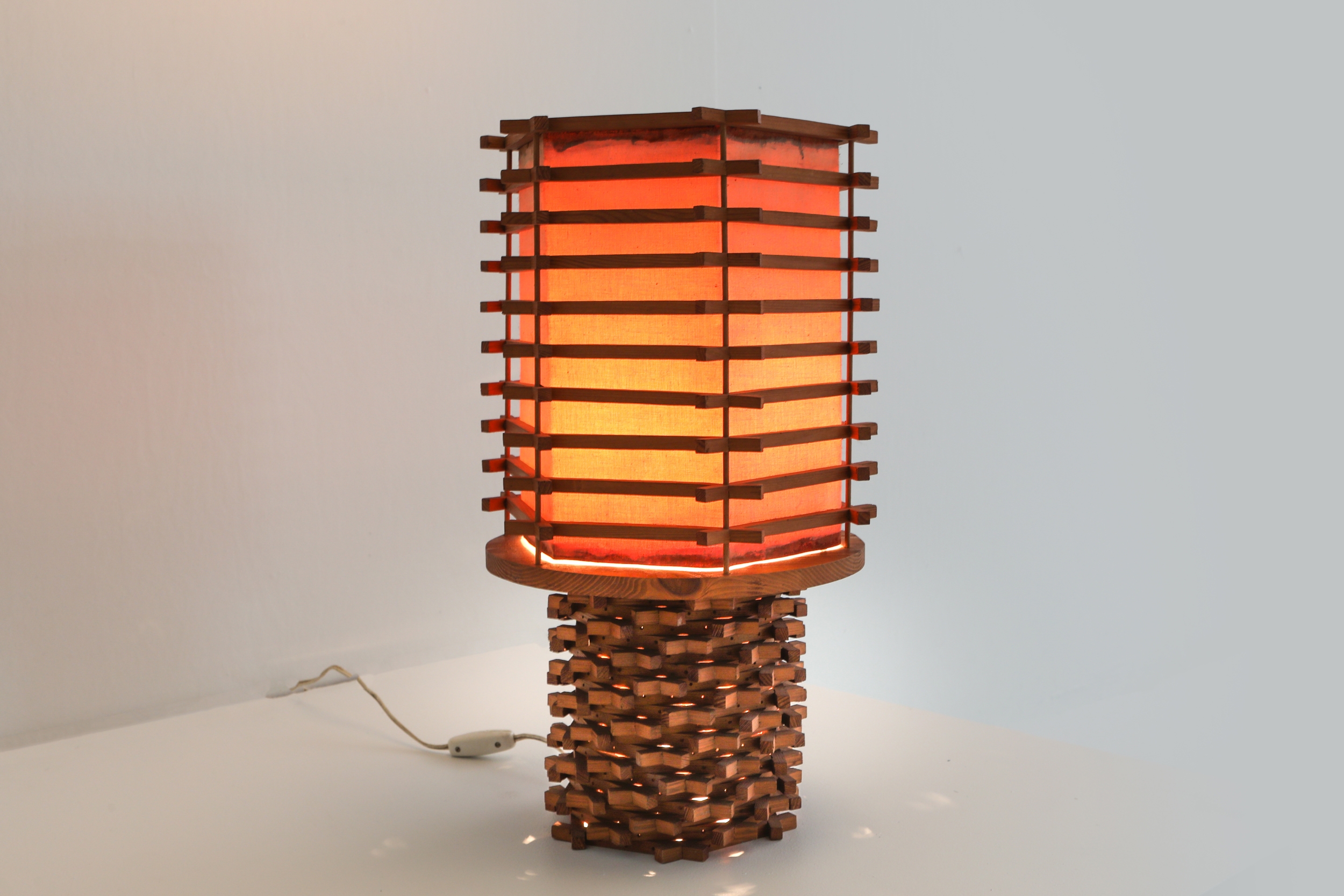 Oriental Table Lamp in Wood and Linen, Asia - 1950s