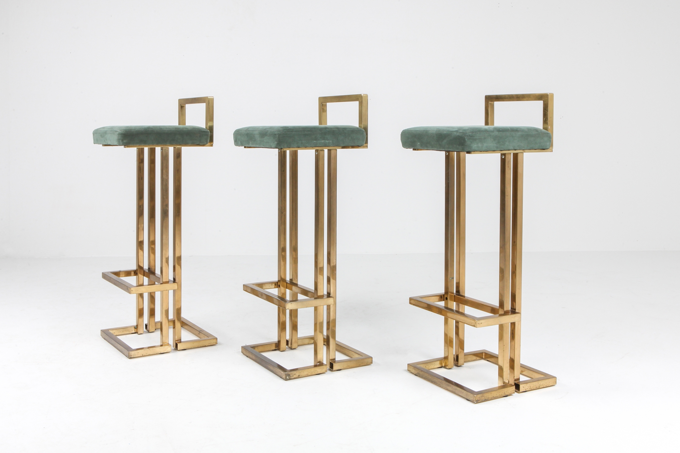 Maison Jansen Brass & Velvet Bar Stools - 1970s