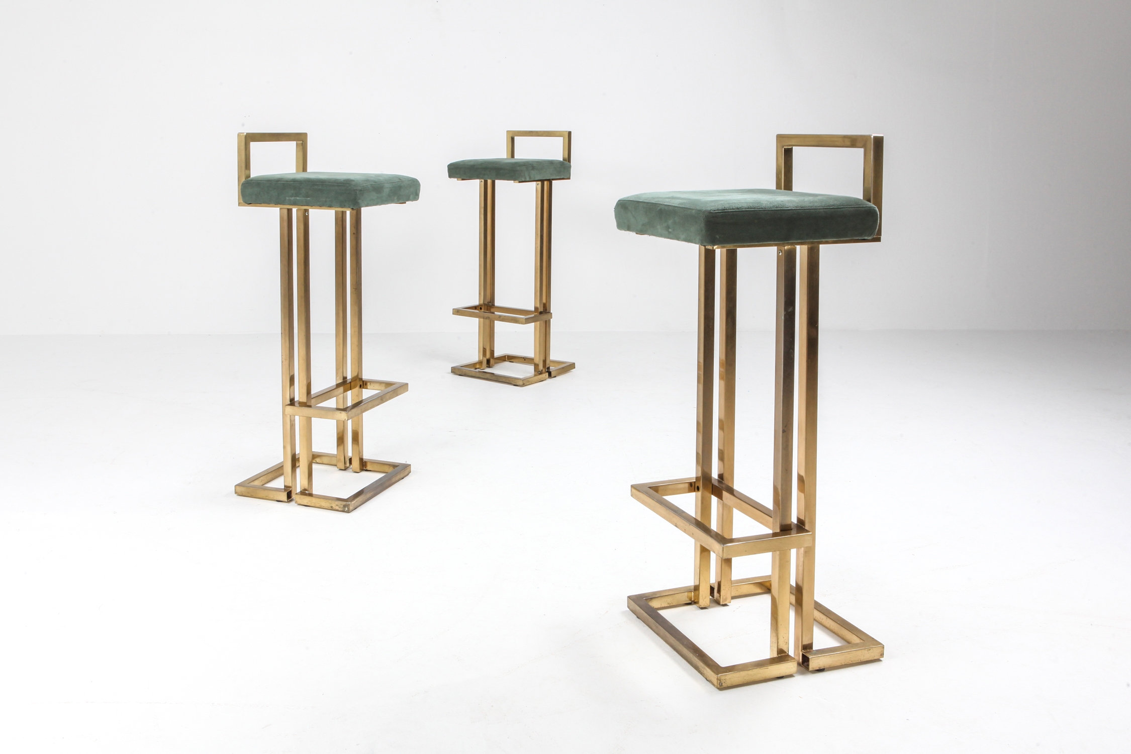 Maison Jansen Brass & Velvet Bar Stools - 1970s