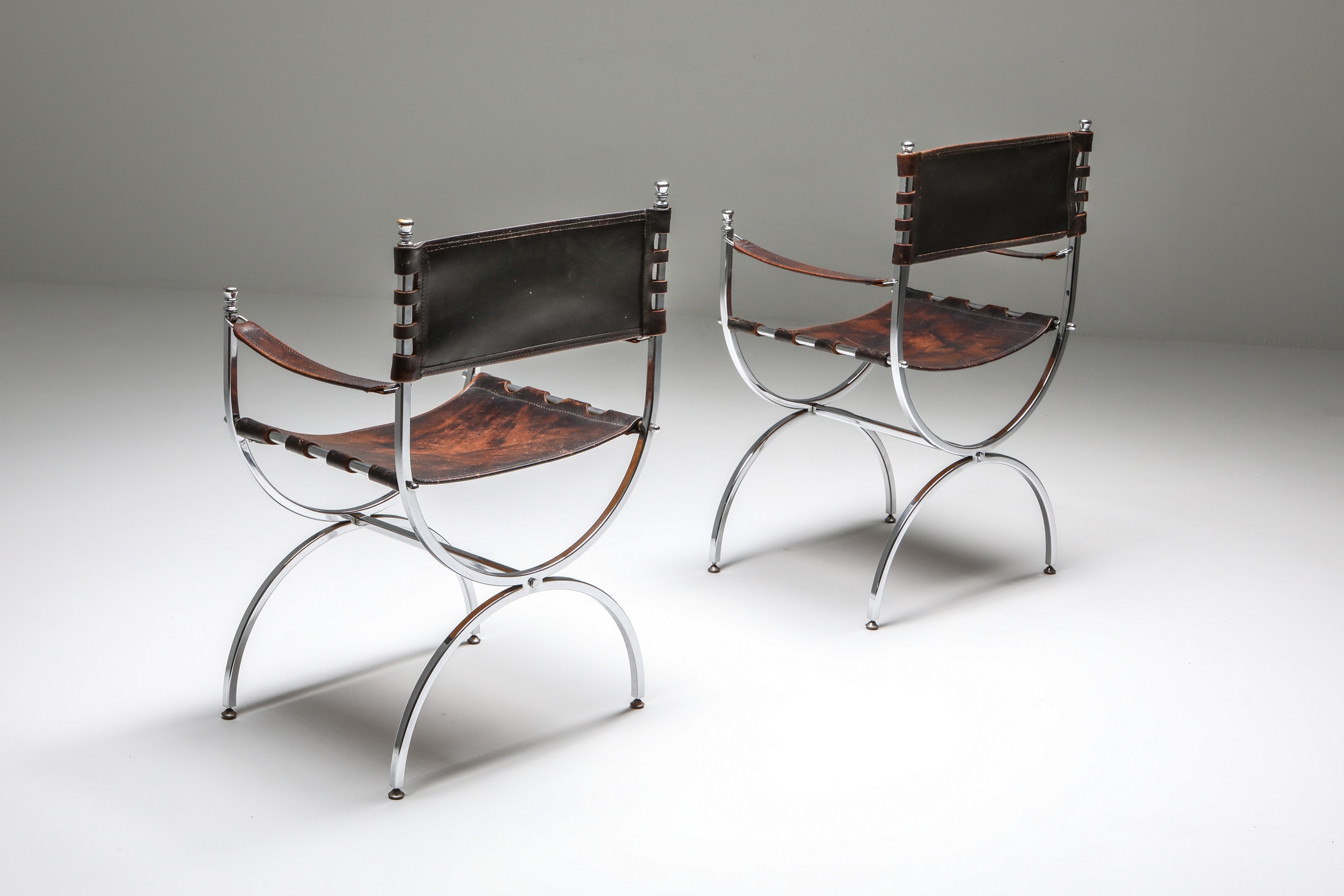 Set of 3 Maison Jansen Leather and Chrome "Savonarola" Emperor Chairs - 1970s