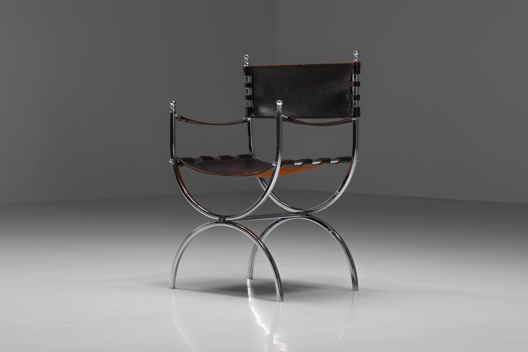 Maison Jansen Leather and Chrome "Savonarola" Emperor Chair - 1970s