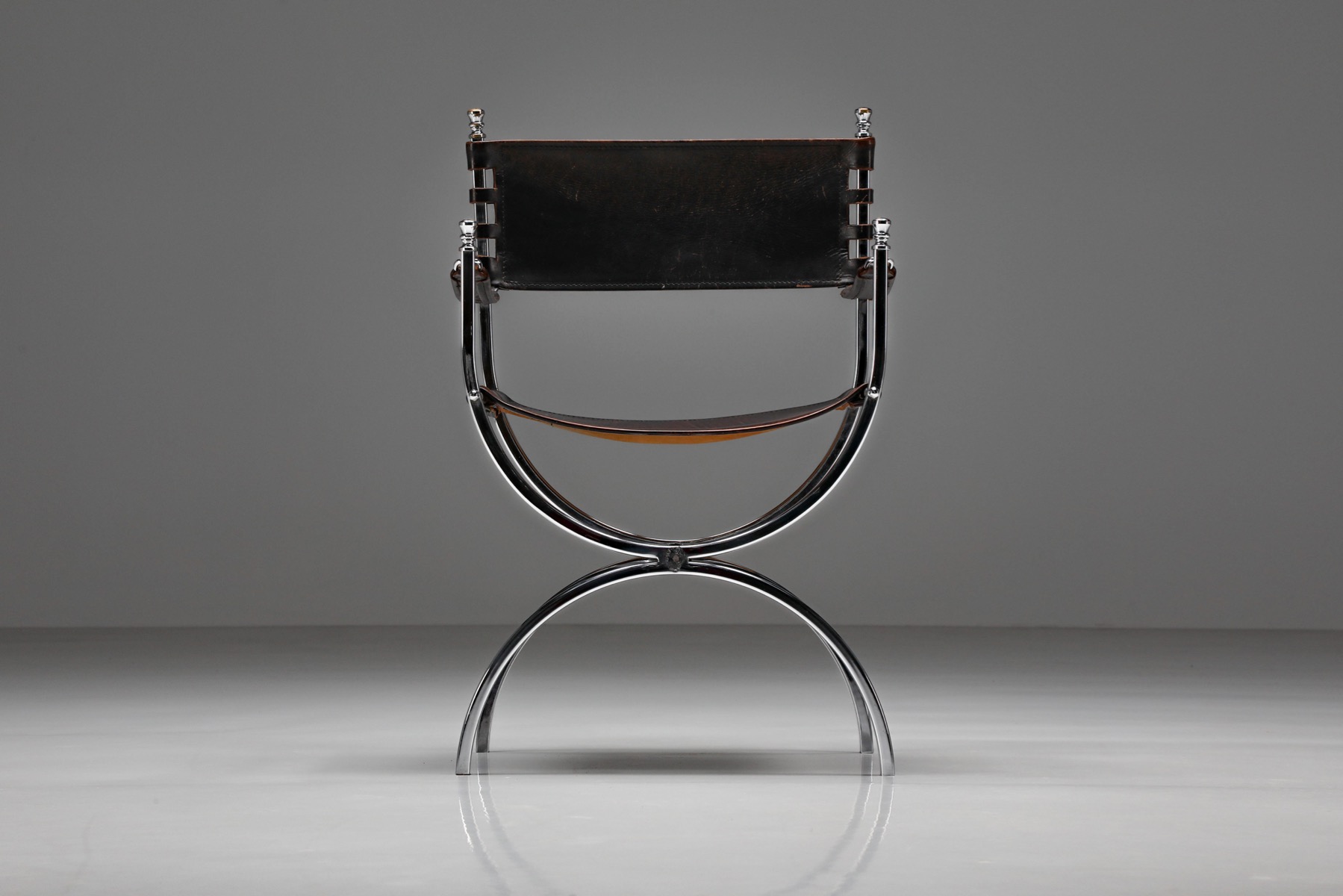 Maison Jansen Leather and Chrome "Savonarola" Emperor Chair - 1970s