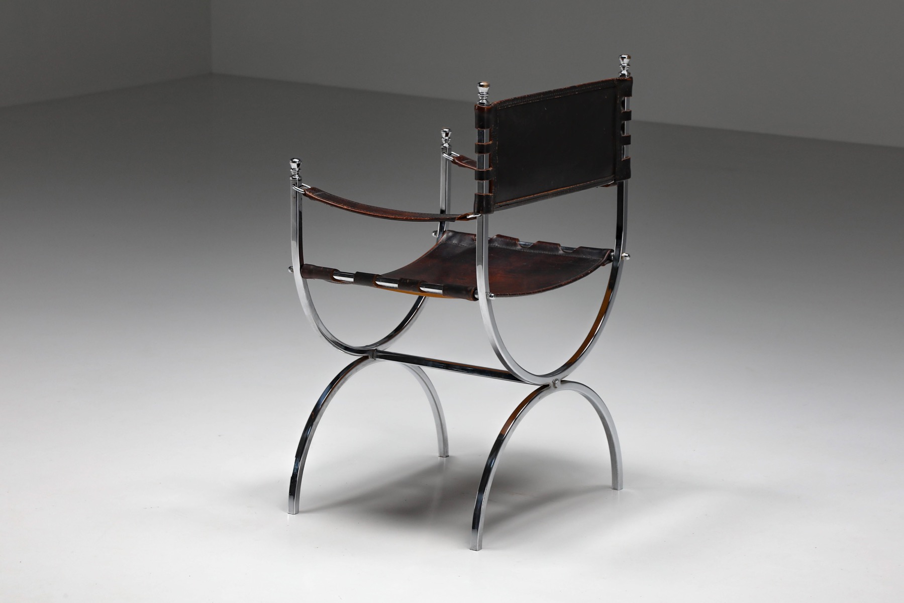 Maison Jansen Leather and Chrome "Savonarola" Emperor Chair - 1970s