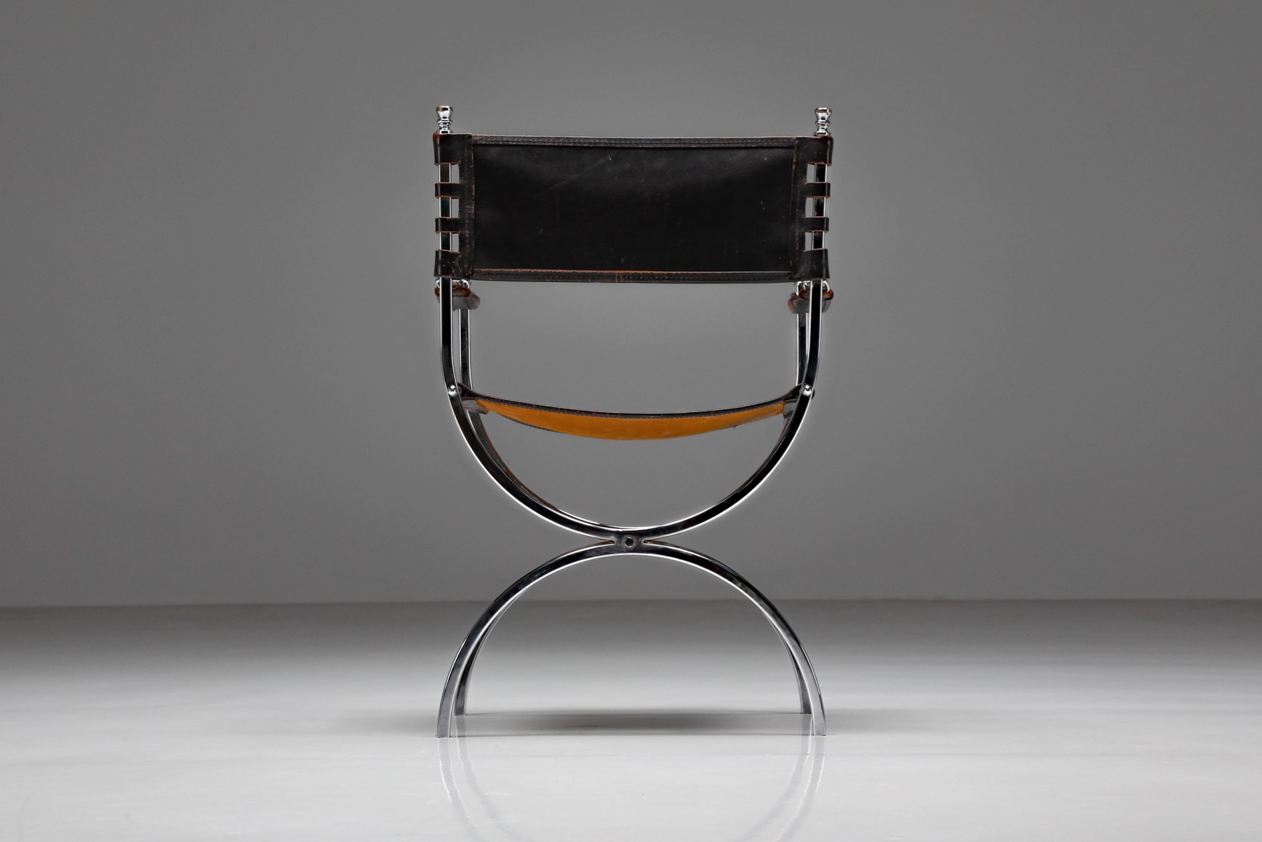 Maison Jansen Leather and Chrome "Savonarola" Emperor Chair - 1970s