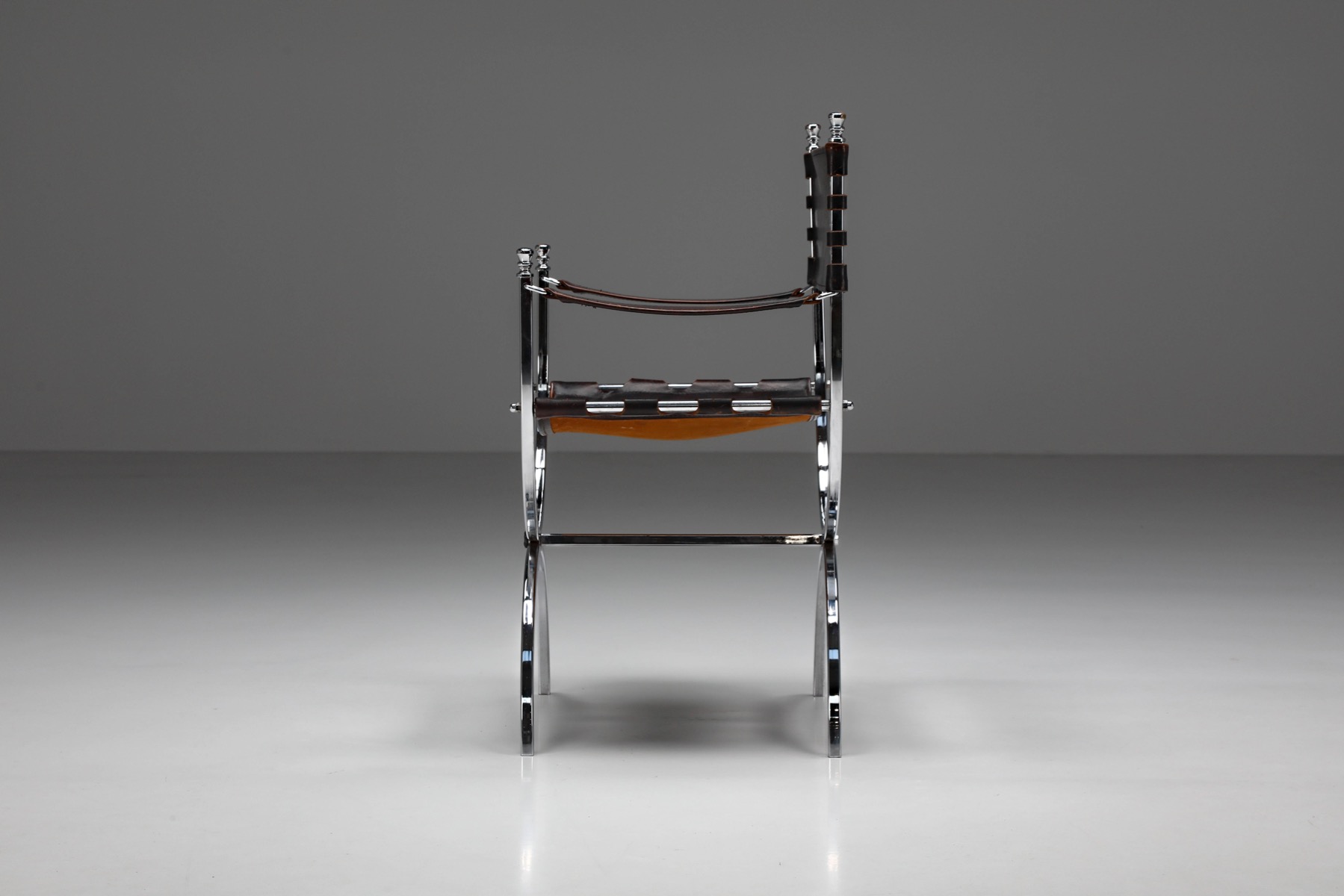 Maison Jansen Leather and Chrome "Savonarola" Emperor Chair - 1970s