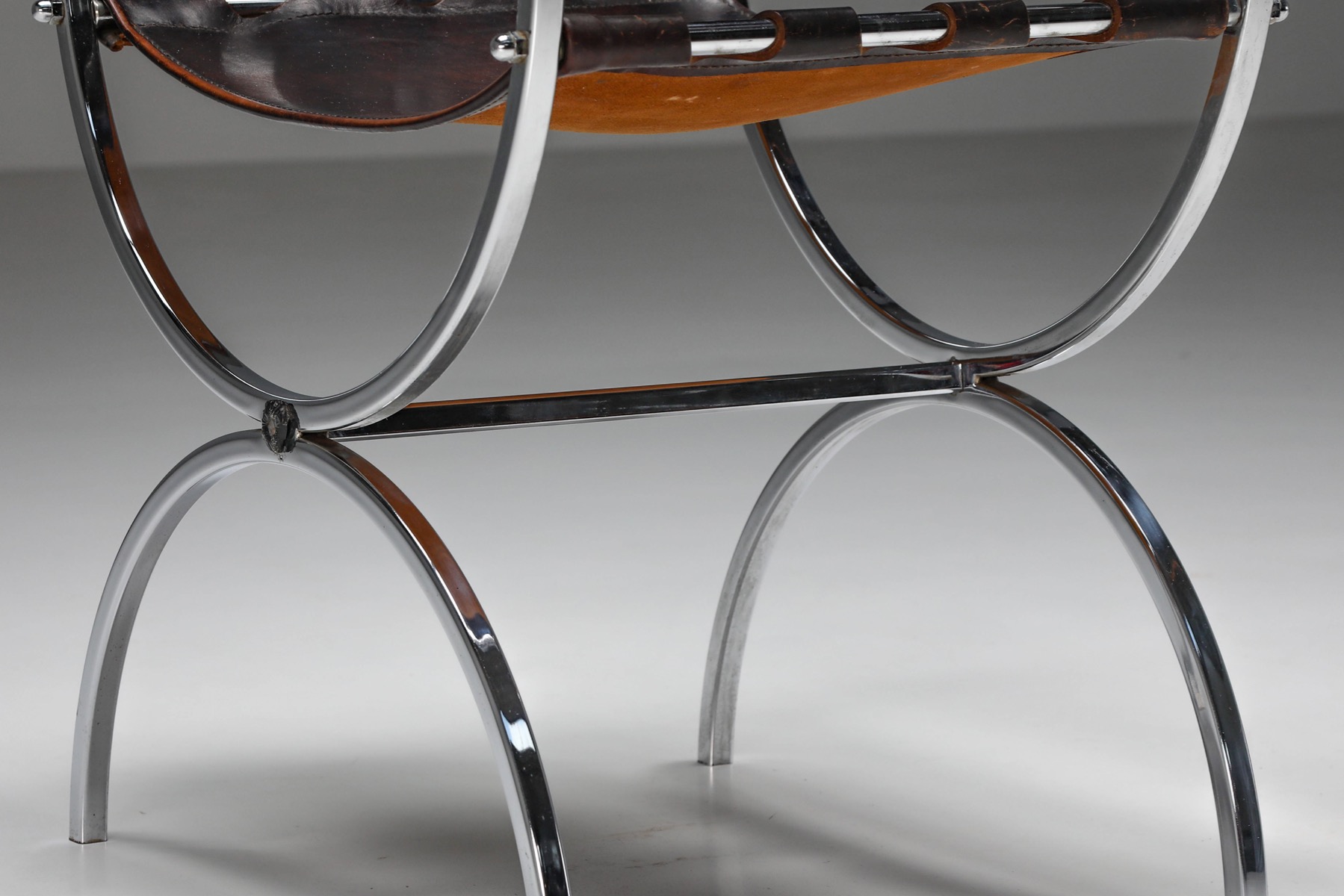 Maison Jansen Leather and Chrome "Savonarola" Emperor Chair - 1970s