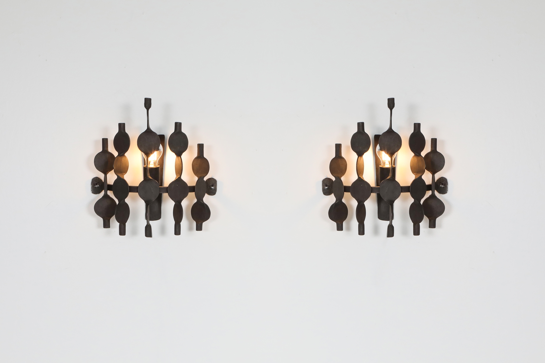 Brutalist forged iron wall sconces set - 1970's