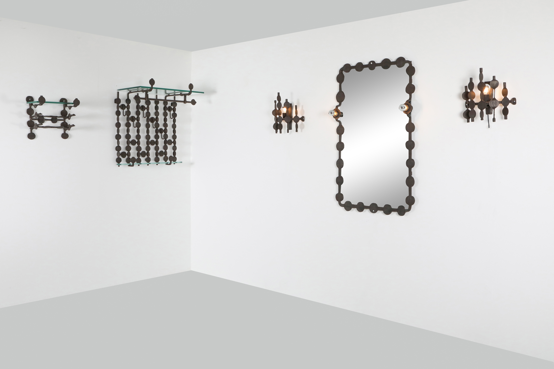 Brutalist forged iron wall sconces set - 1970's
