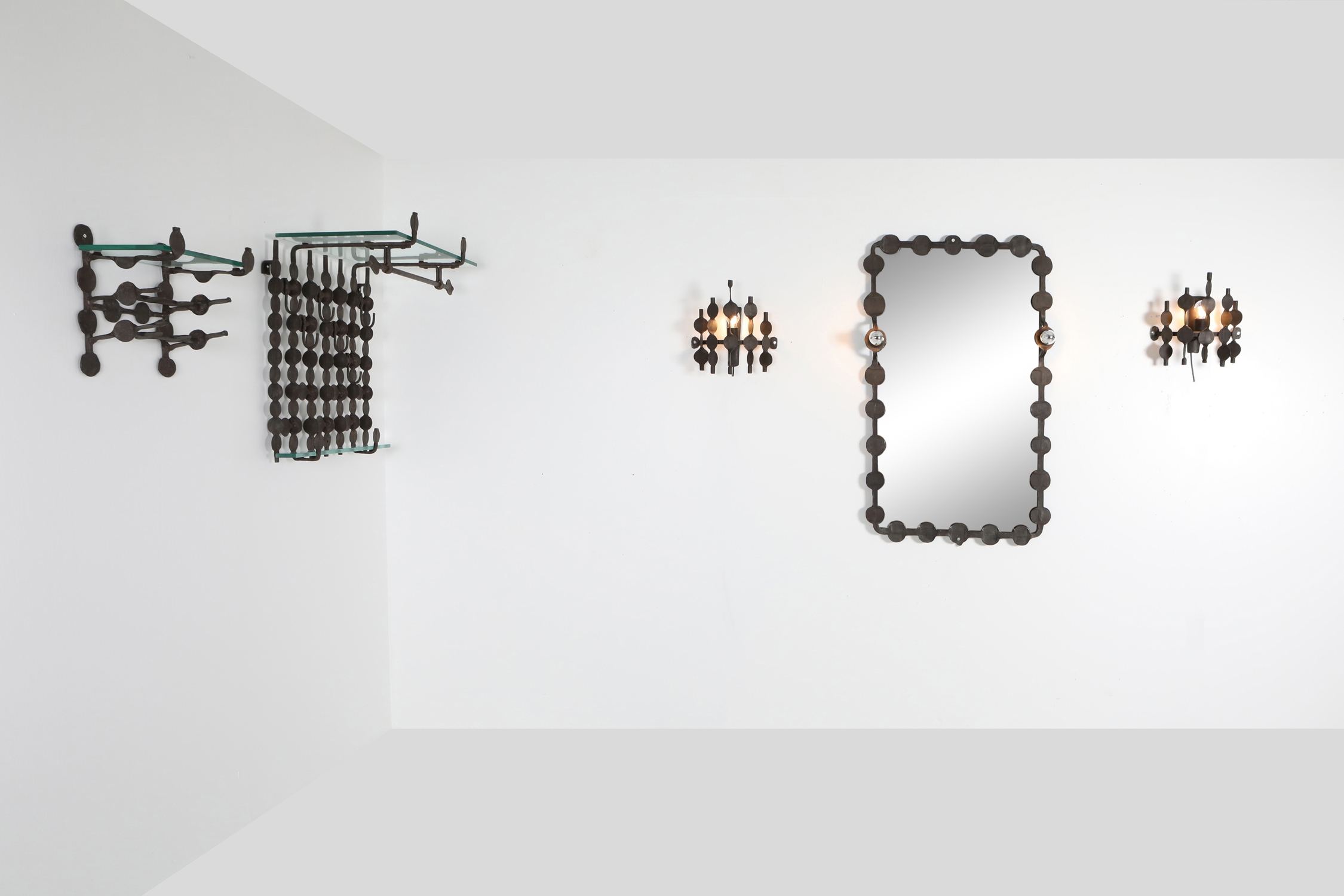 Brutalist forged iron wall sconces set - 1970's