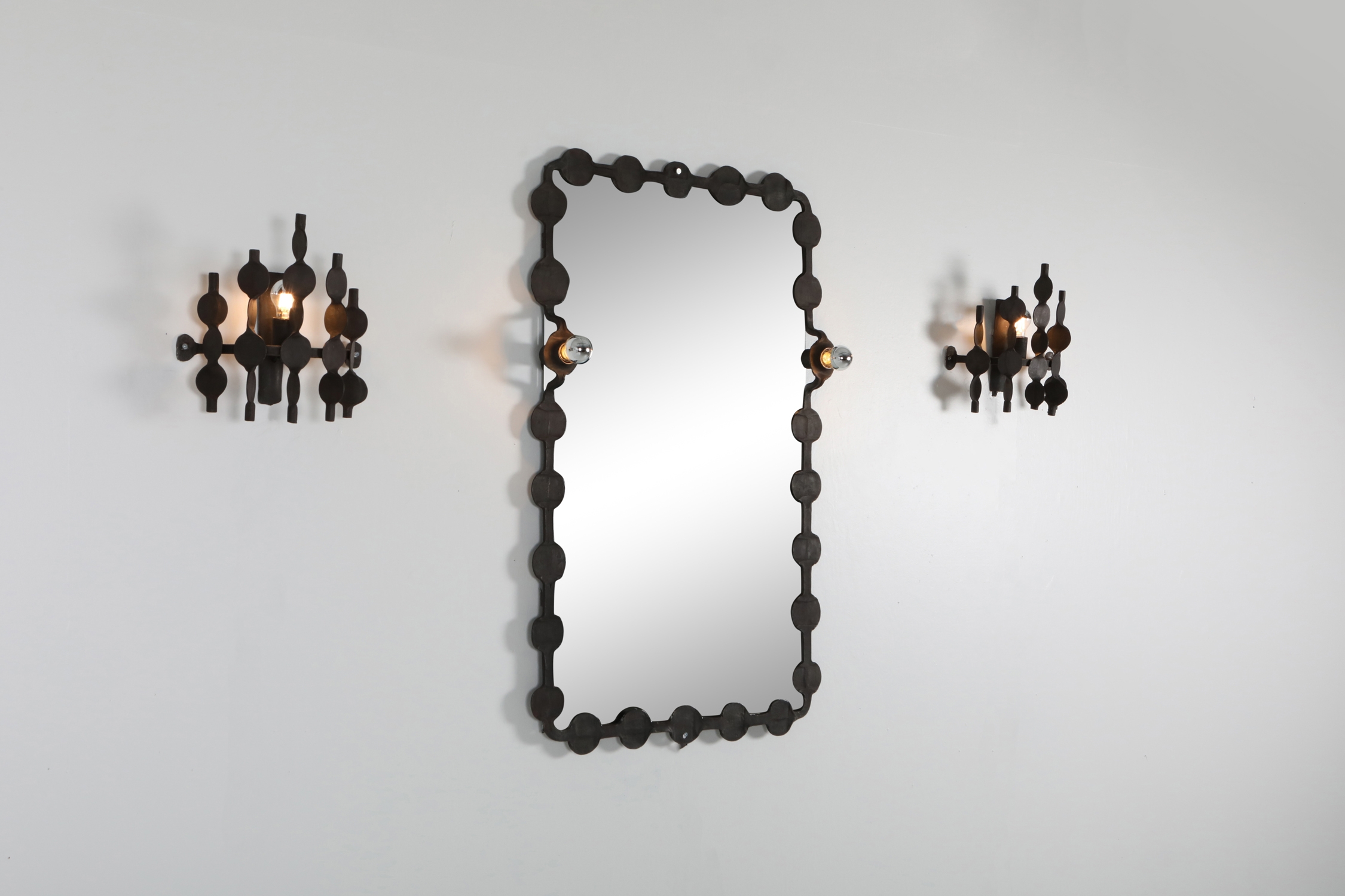 Brutalist forged iron wall sconces set - 1970's