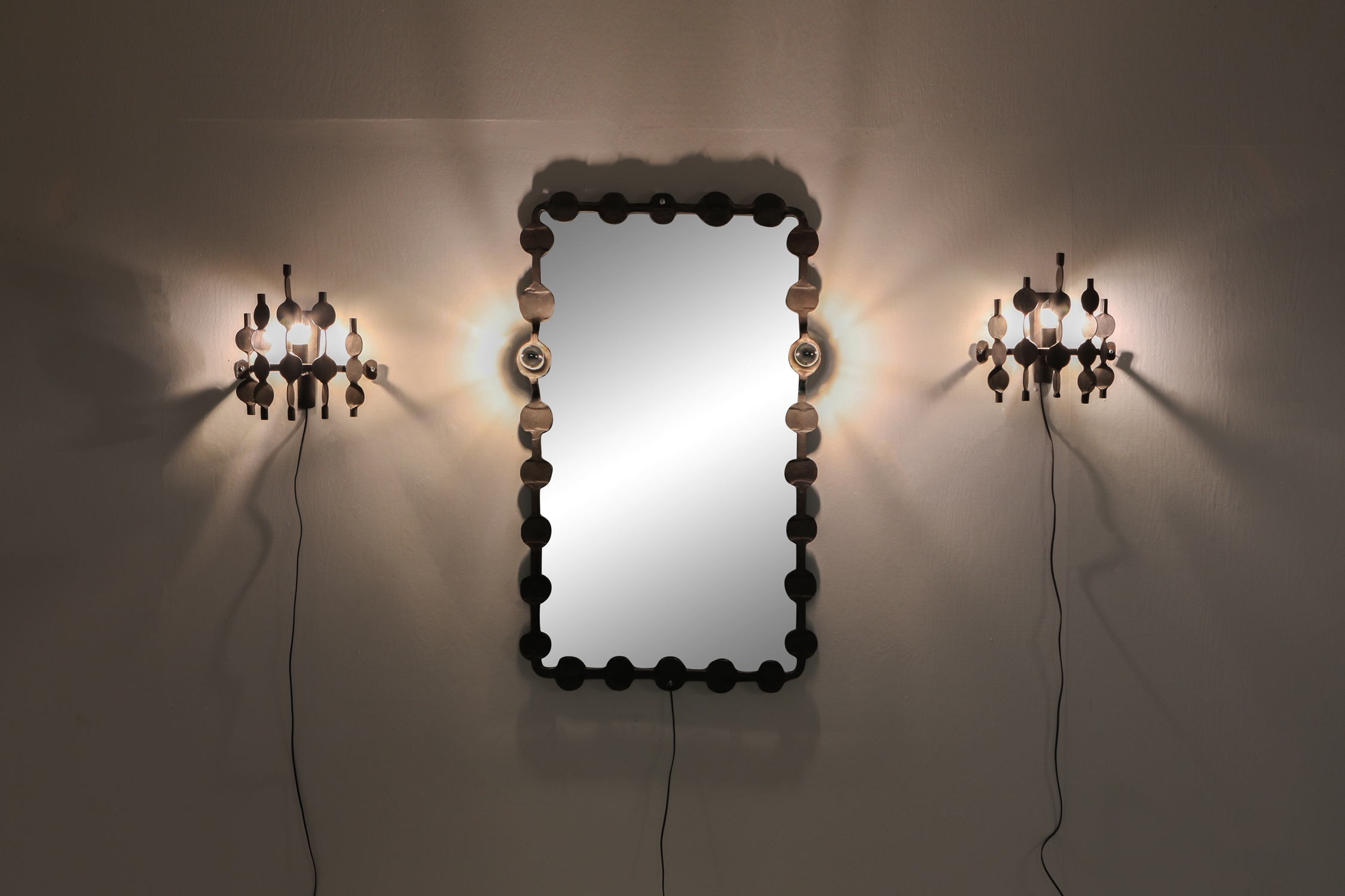 Brutalist forged iron wall sconces set - 1970's