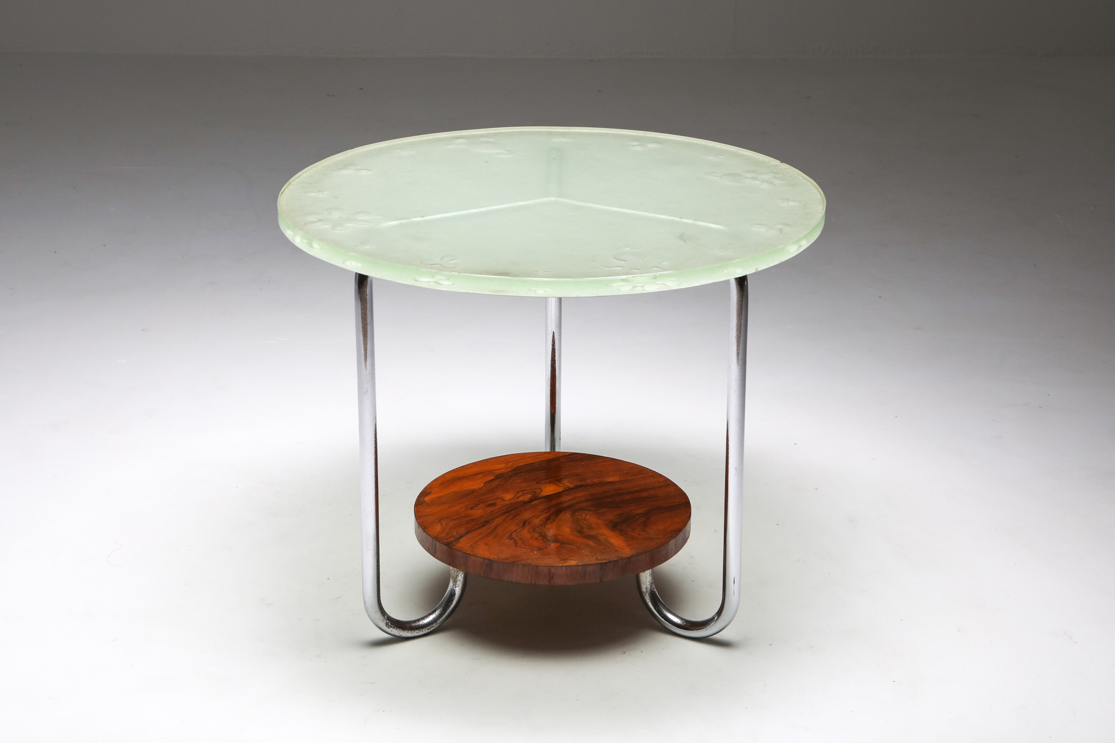 Art Deco Occasional Table with Thick Etched Glass Top - 1930's