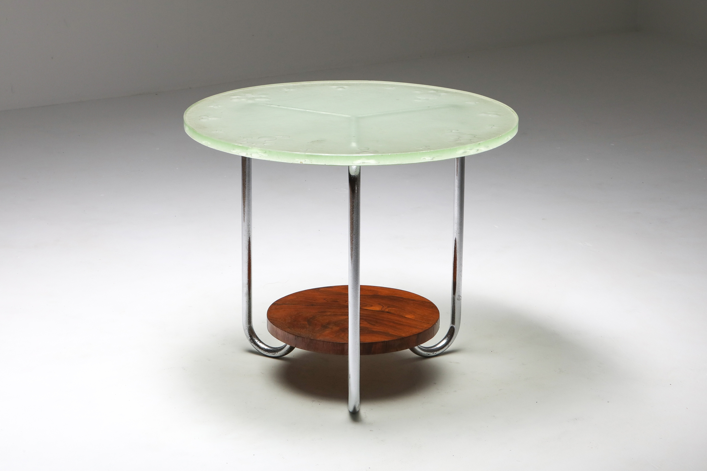 Art Deco Occasional Table with Thick Etched Glass Top - 1930's