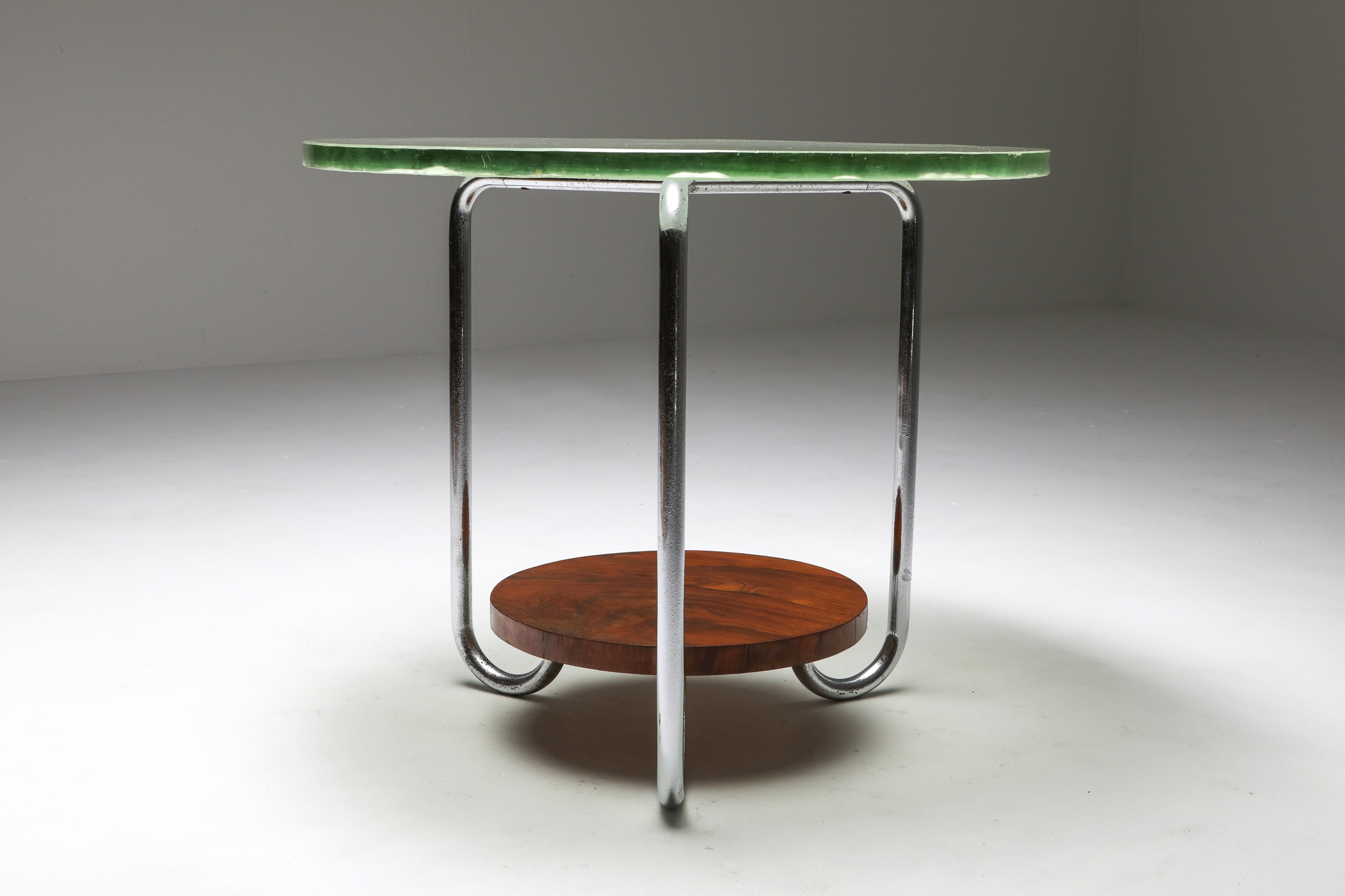 Art Deco Occasional Table with Thick Etched Glass Top - 1930's