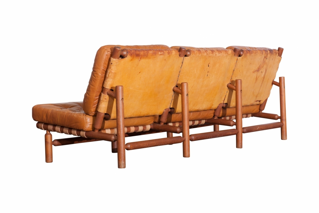 Cognac Leather And Wood Lounge 3 Seater Sofa, Ilmari Tapiovaara - 1958