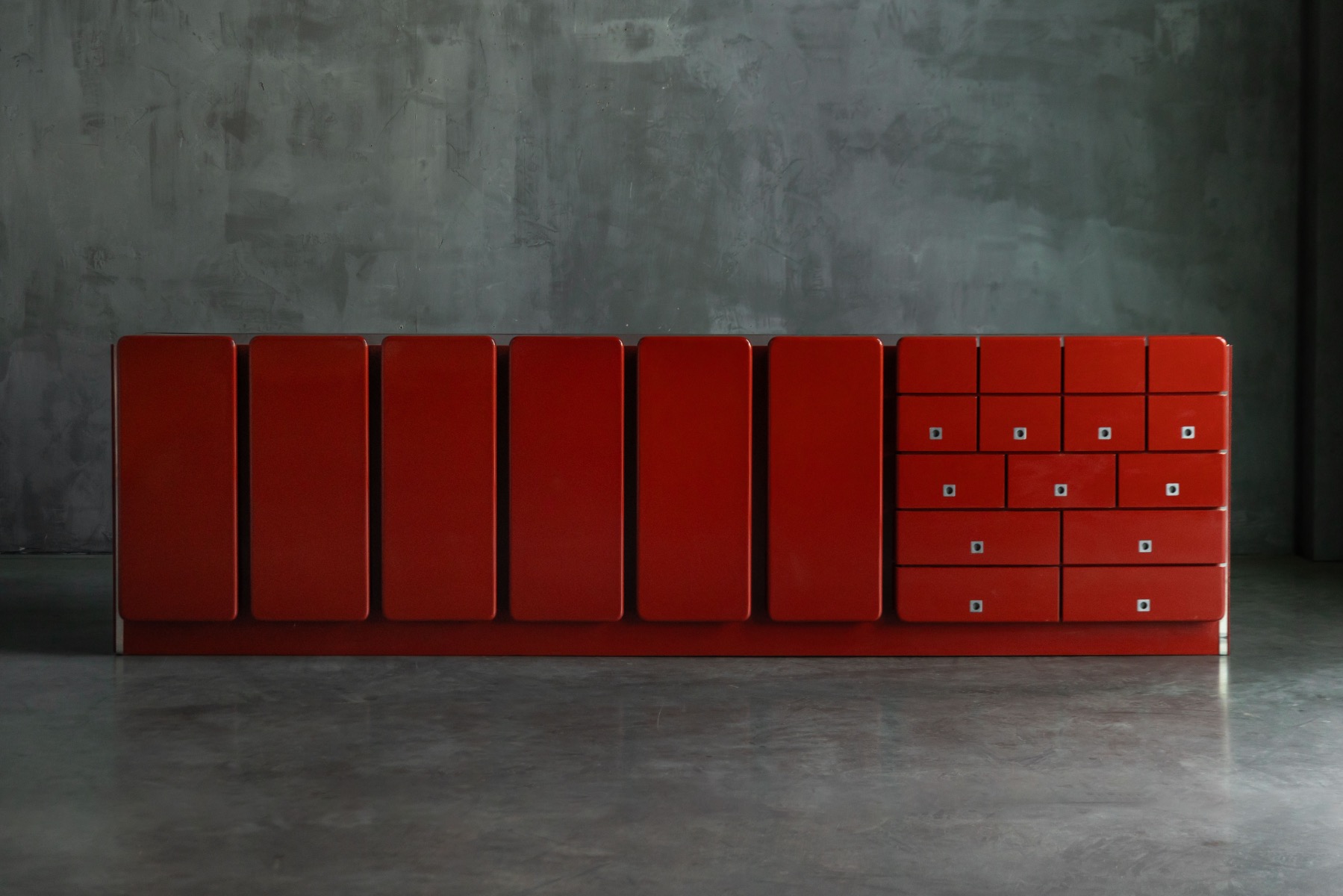 Modernist Red Lacquer Architectural Sideboard, Italy - 1980s