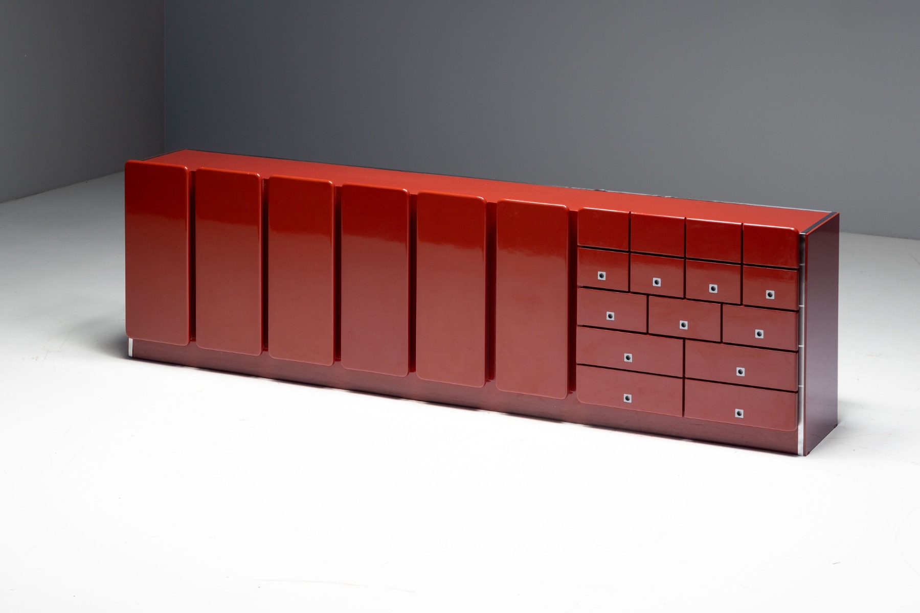 Modernist Red Lacquer Architectural Sideboard, Italy - 1980s