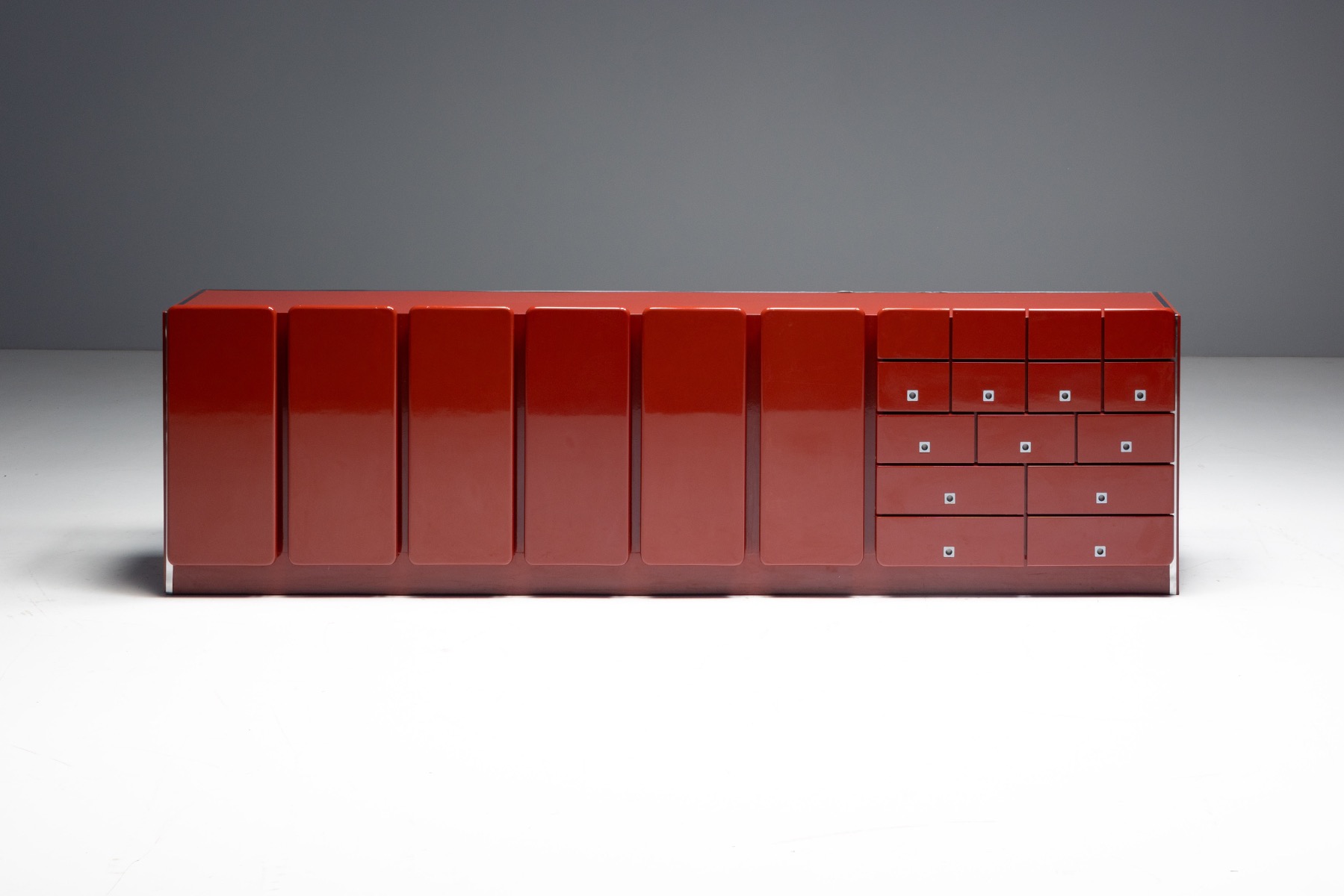 Modernist Red Lacquer Architectural Sideboard, Italy - 1980s