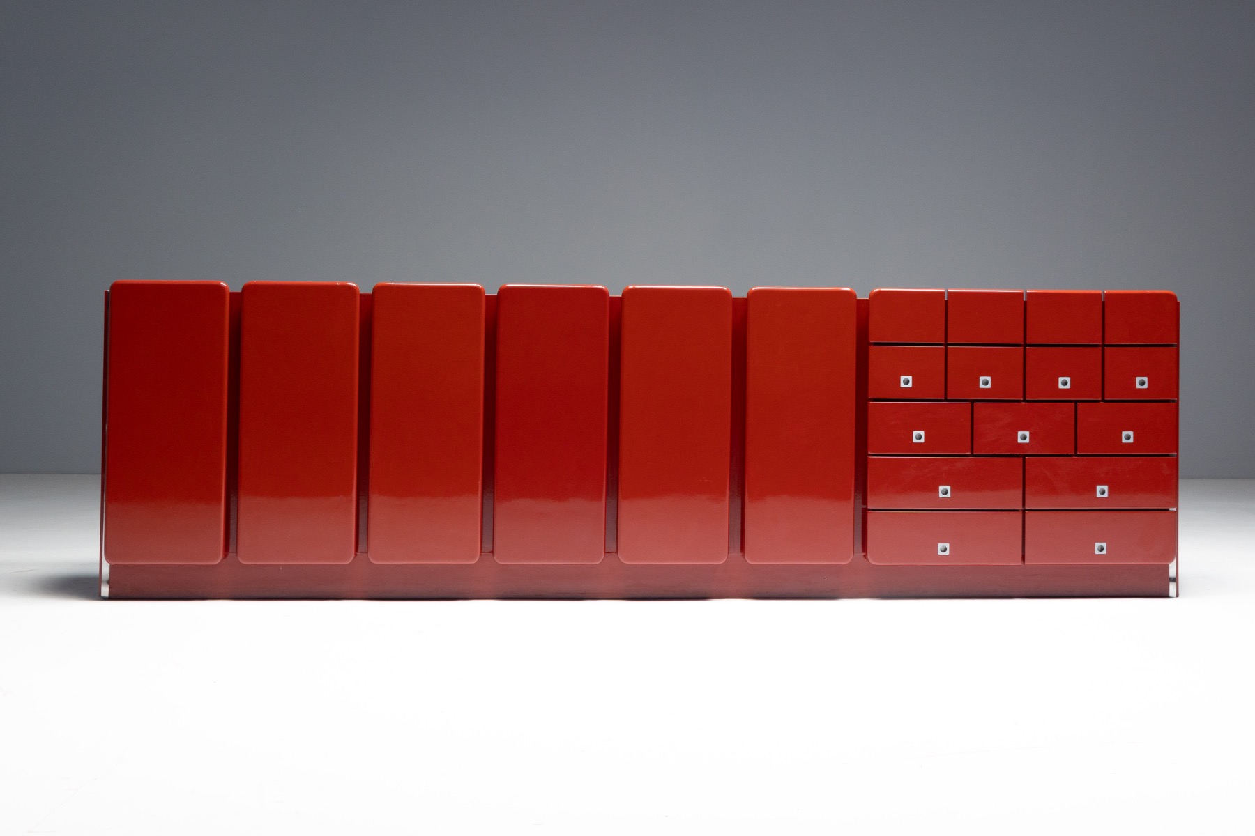 Modernist Red Lacquer Architectural Sideboard, Italy - 1980s