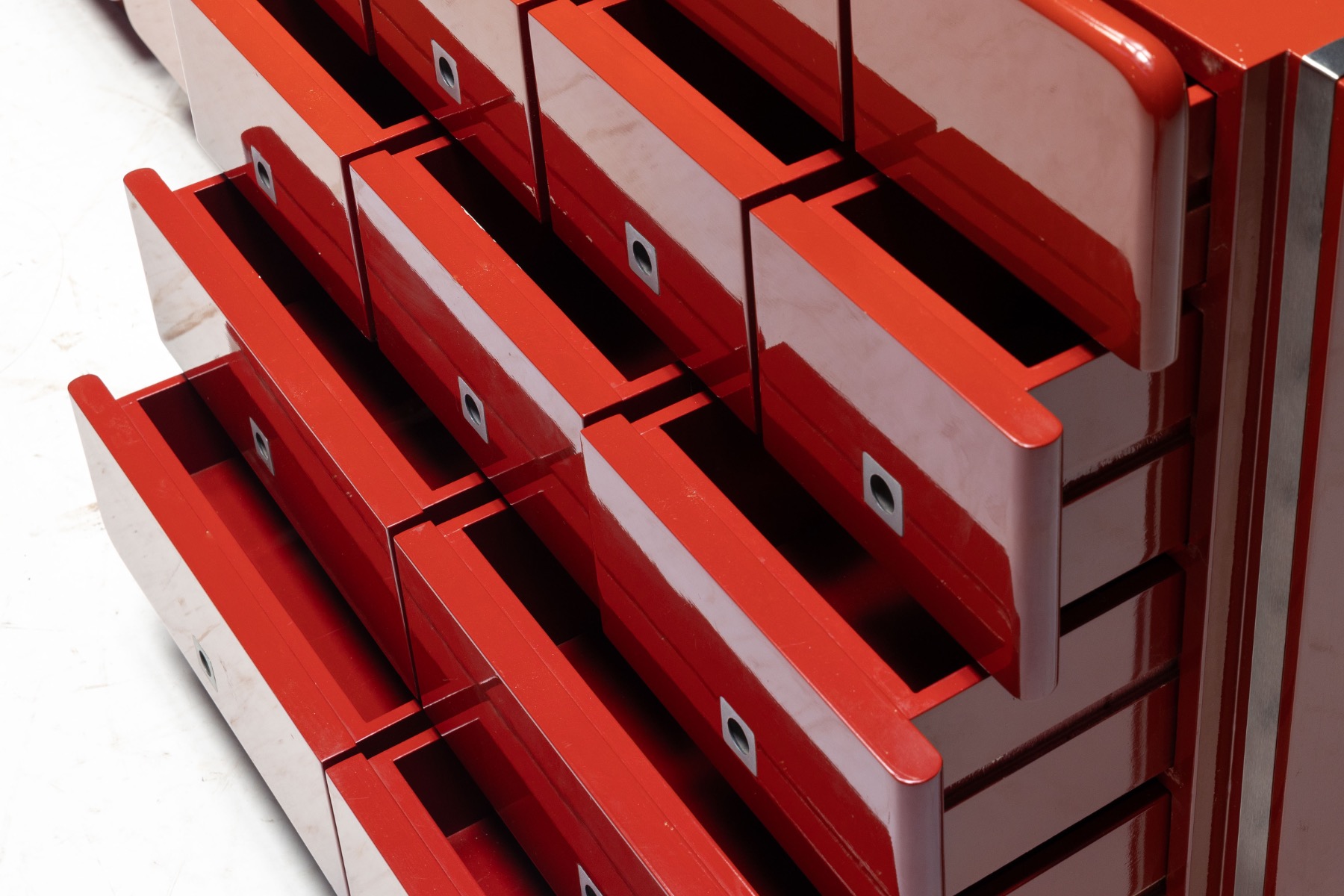 Modernist Red Lacquer Architectural Sideboard, Italy - 1980s