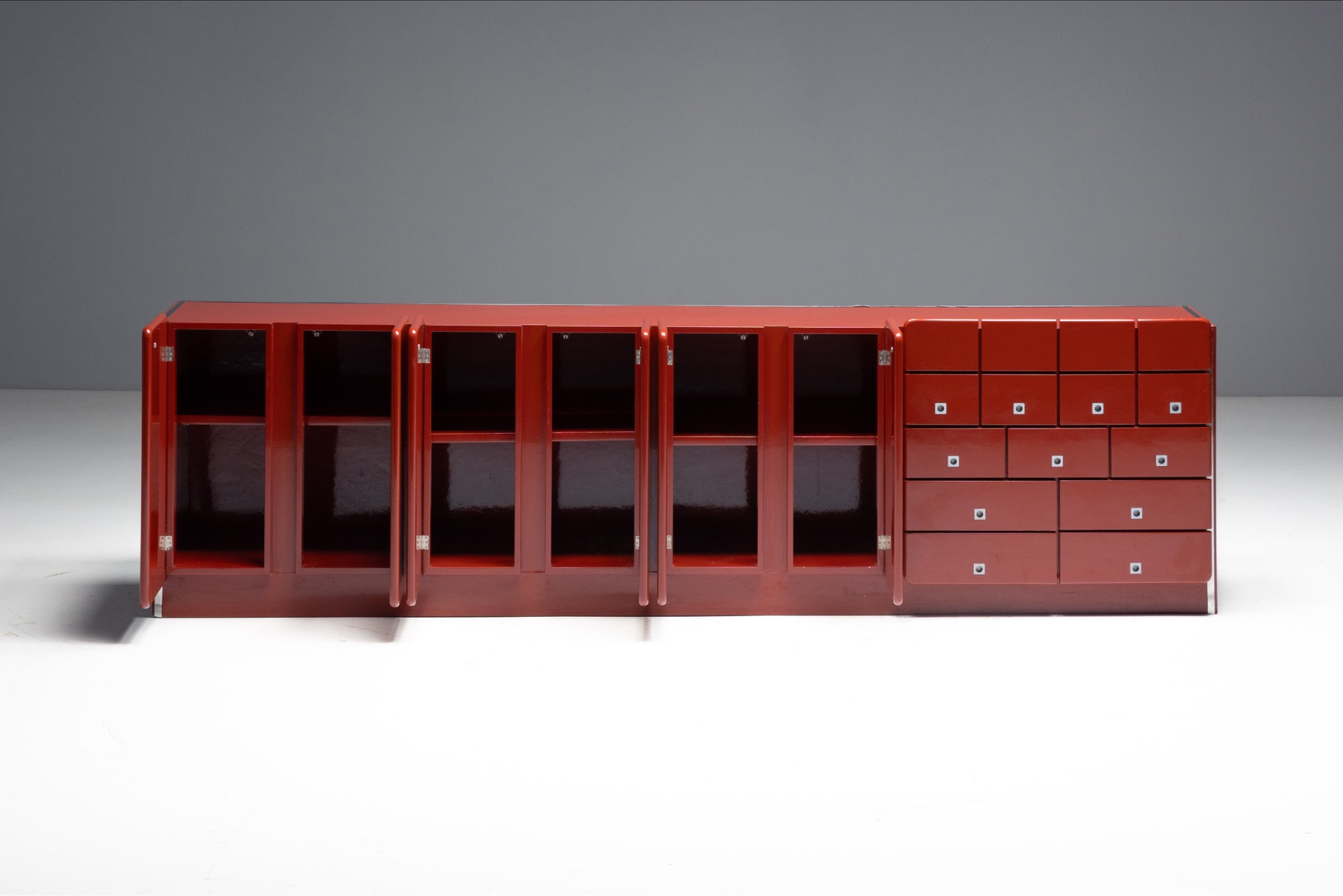 Modernist Red Lacquer Architectural Sideboard, Italy - 1980s