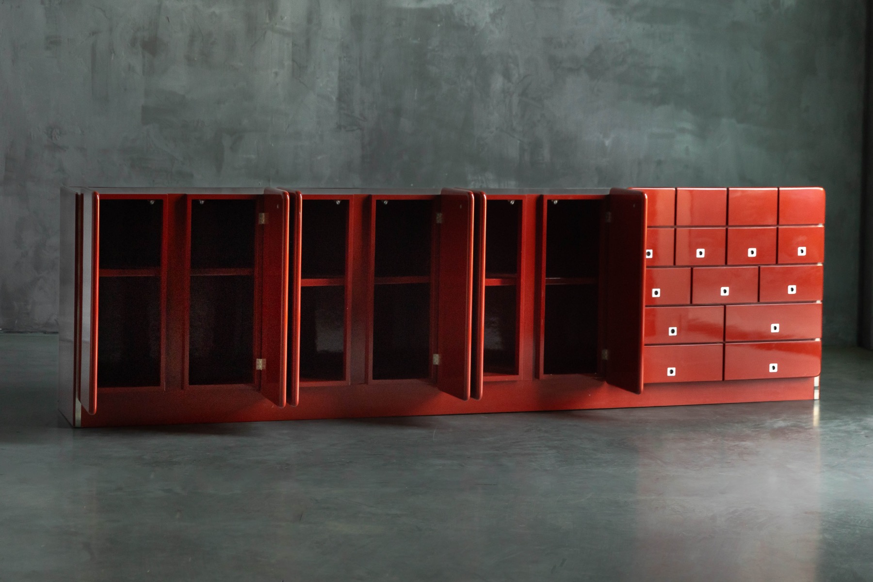 Modernist Red Lacquer Architectural Sideboard, Italy - 1980s