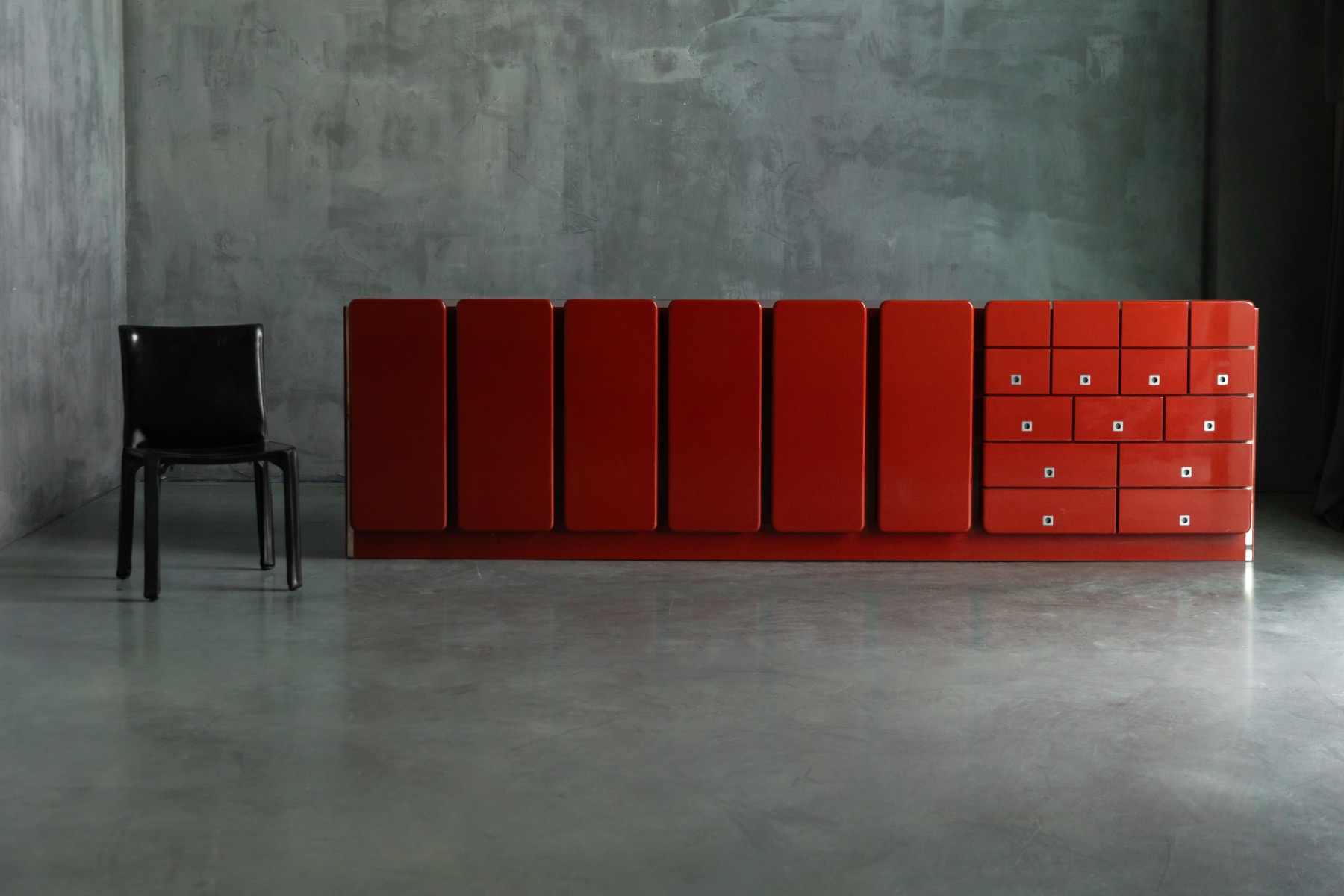 Modernist Red Lacquer Architectural Sideboard, Italy - 1980s