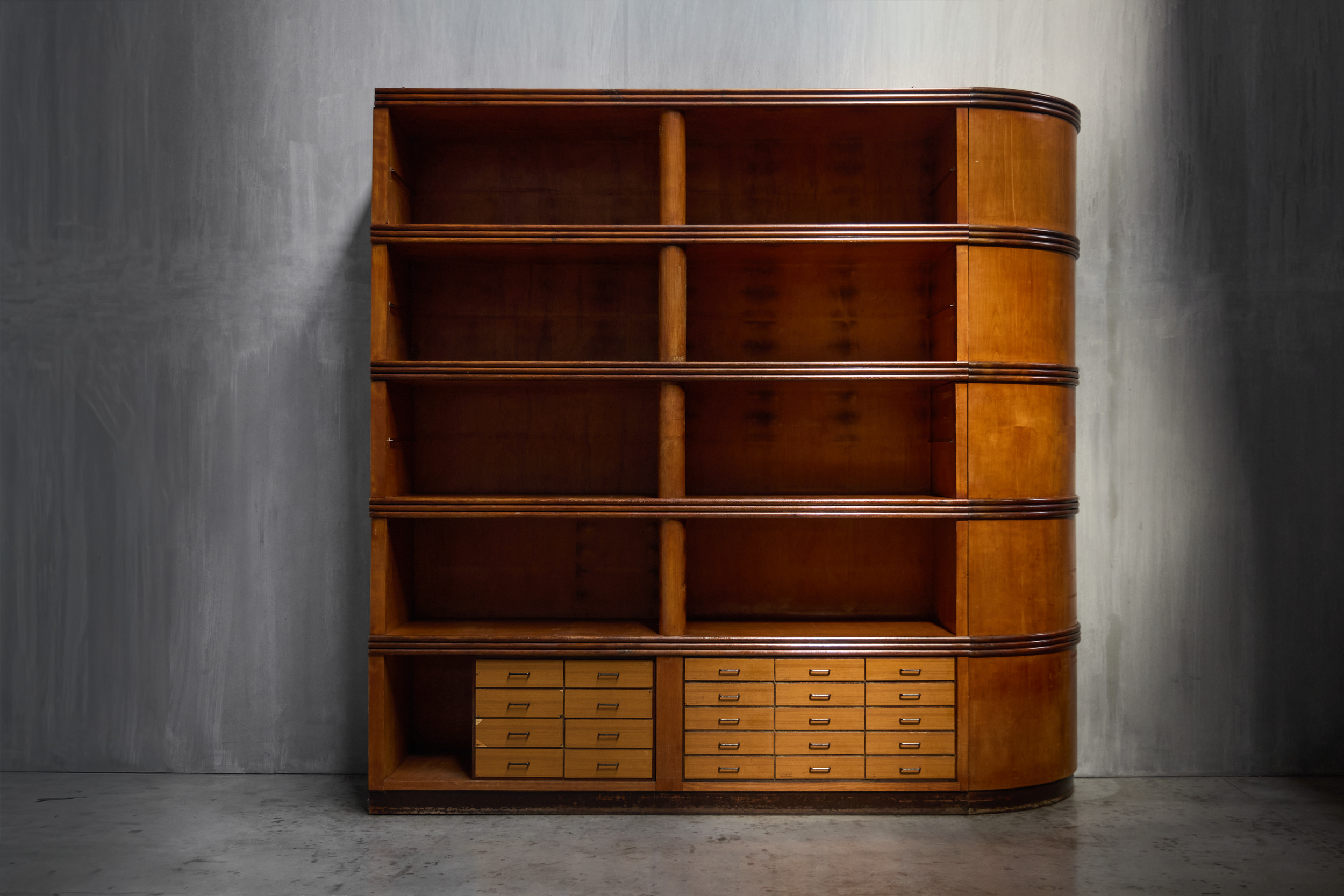 Monumental Art Deco Display Corner Cabinet with Drawers, Italy - Mid-20th Century